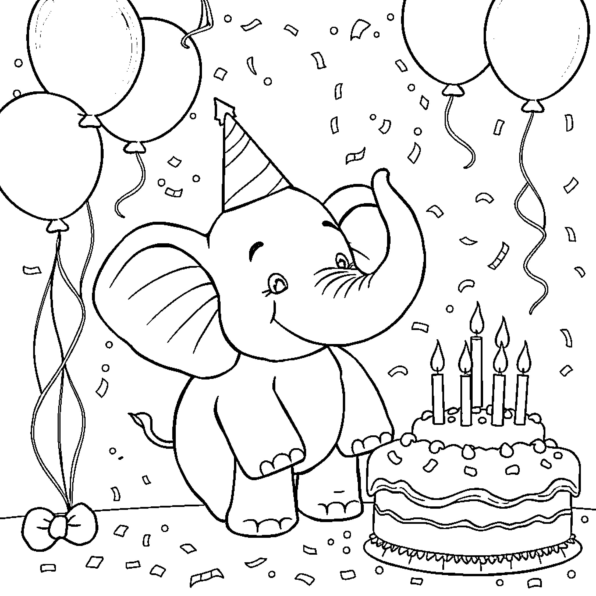 Elephant celebrating birthday with balloons and cake Coloring Page (free black-and-white line drawing printable PDF for all, from beginners to advanced learners, including children, teens, adults, and seniors)