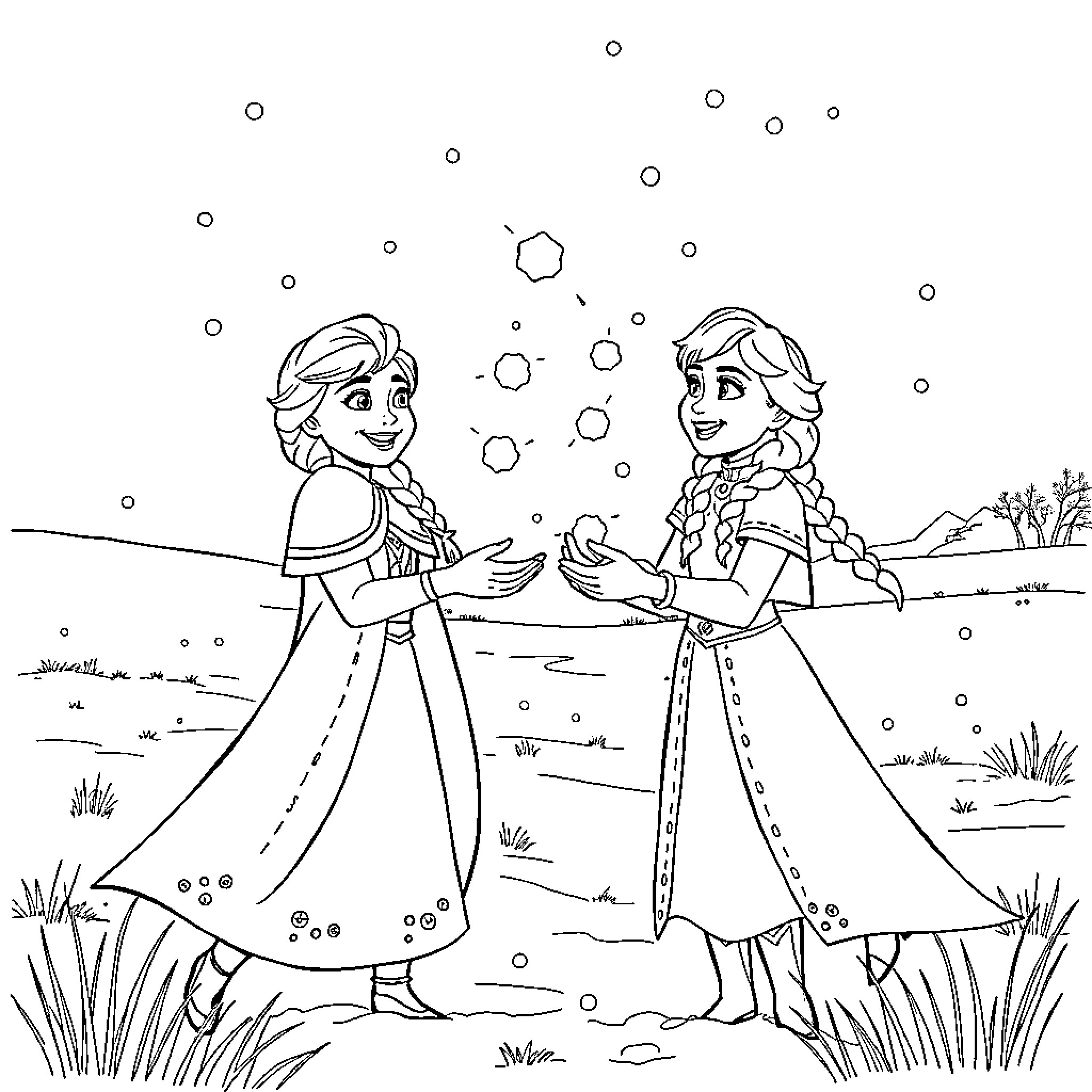 Elsa and Anna playing in the snowy meadow Coloring Page (free black-and-white line drawing printable PDF for all, from beginners to advanced learners, including children, teens, adults, and seniors)