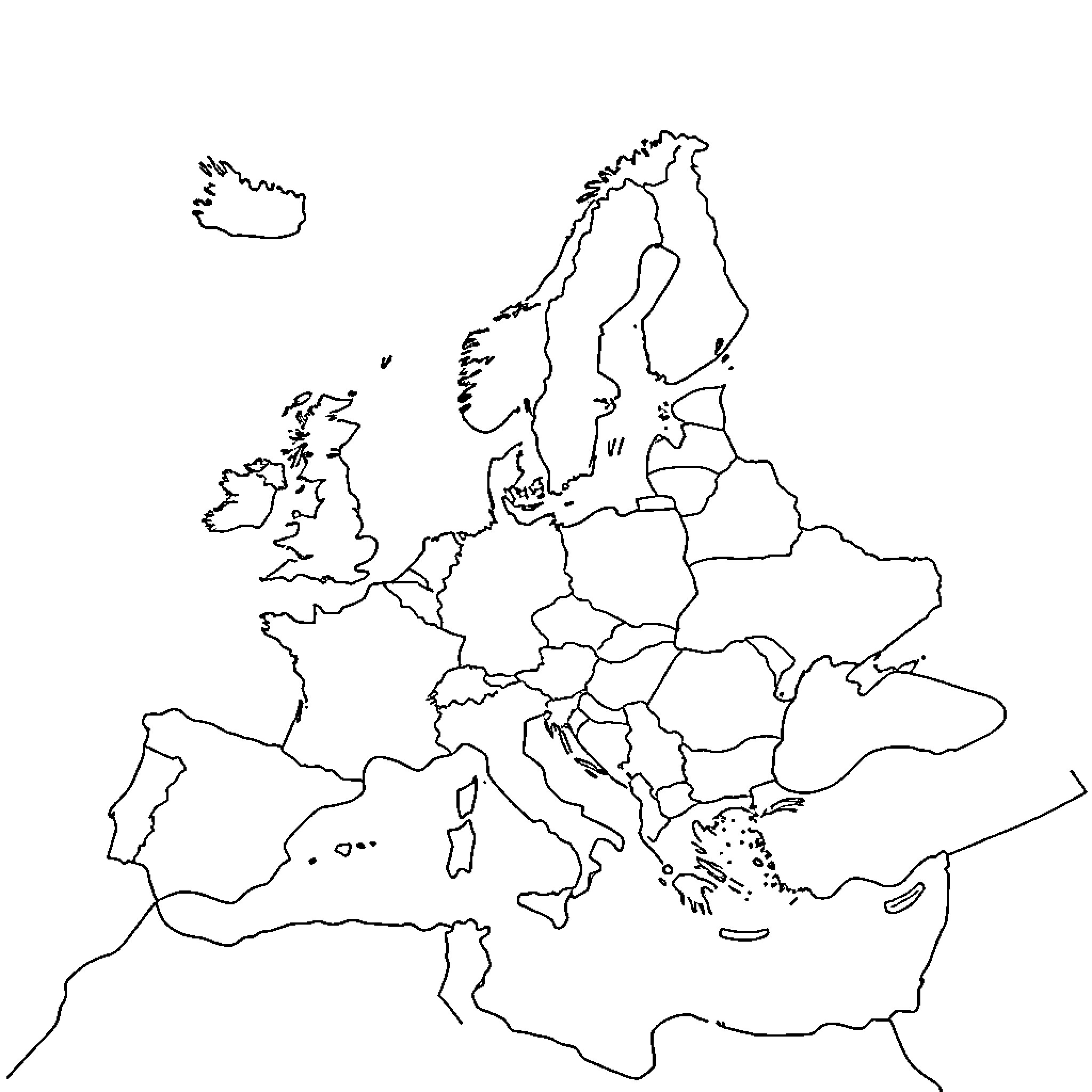 Map of outlines of European countries Coloring Page (free black-and-white line drawing printable PDF for all, from beginners to advanced learners, including children, teens, adults, and seniors)