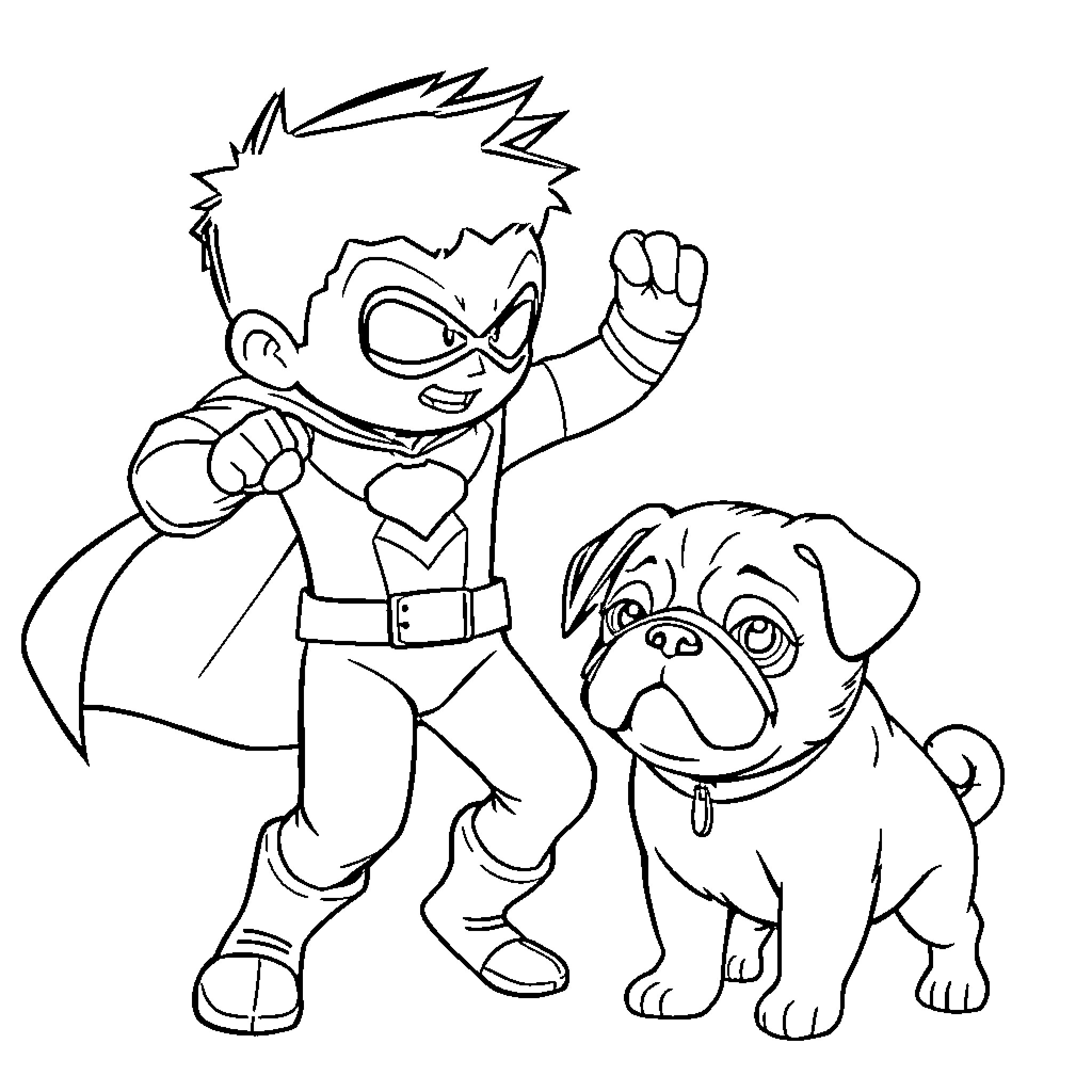 Miles Morales in action with a pug companion Coloring Page (free black-and-white line drawing printable PDF for all, from beginners to advanced learners, including children, teens, adults, and seniors)