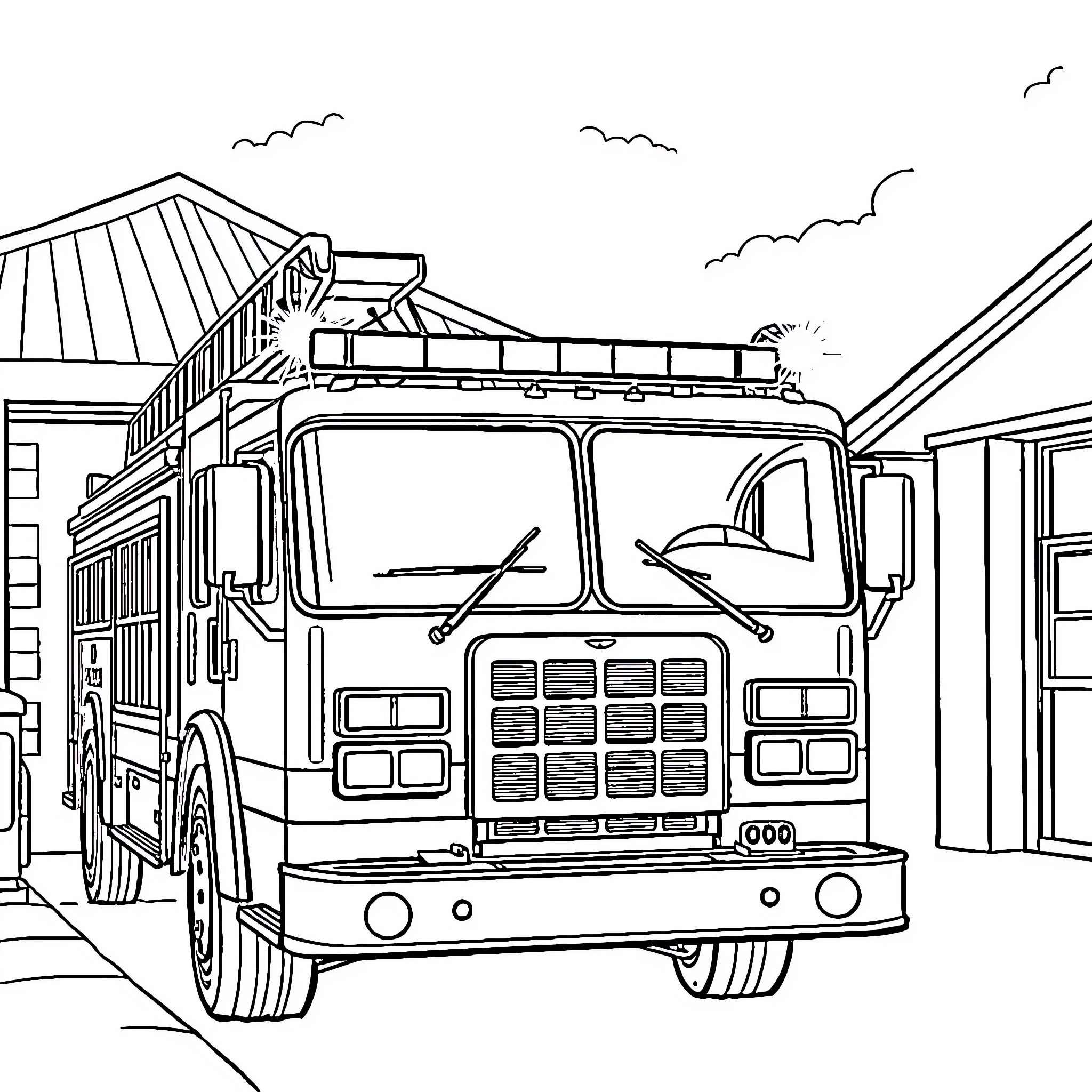 Fire Truck Rushing to Emergency Scene Coloring Page (free black-and-white line drawing printable PDF for all, from beginners to advanced learners, including children, teens, adults, and seniors)