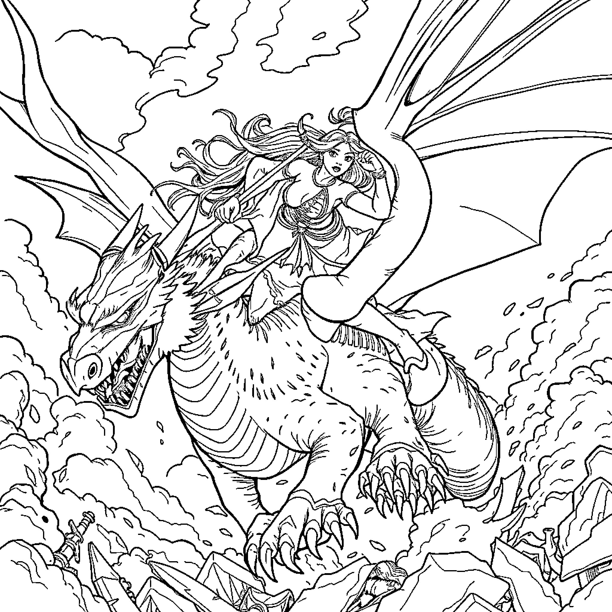 Woman riding a fierce dragon in the sky Coloring Page (free black-and-white line drawing printable PDF for all, from beginners to advanced learners, including children, teens, adults, and seniors)