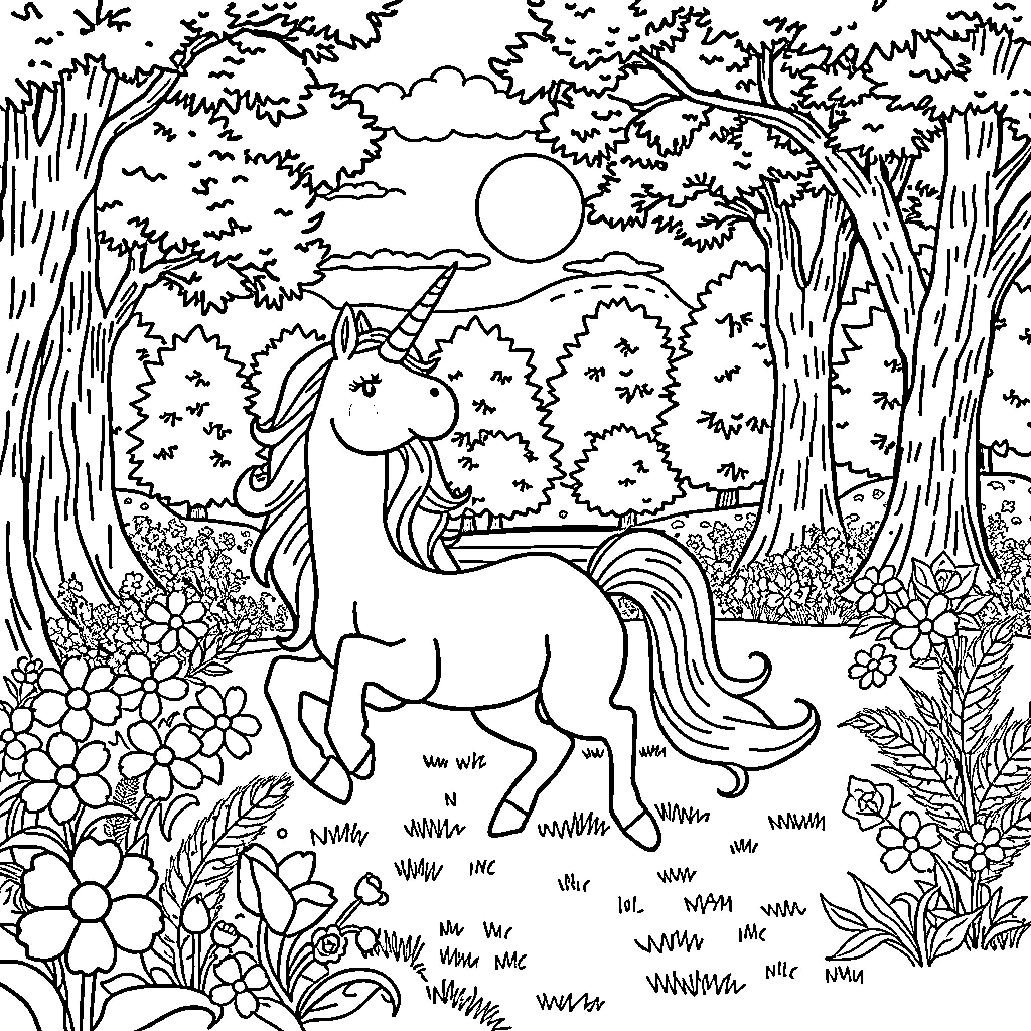 Unicorn prancing through a magical forest Coloring Page (free black-and-white line drawing printable PDF for all, from beginners to advanced learners, including children, teens, adults, and seniors)