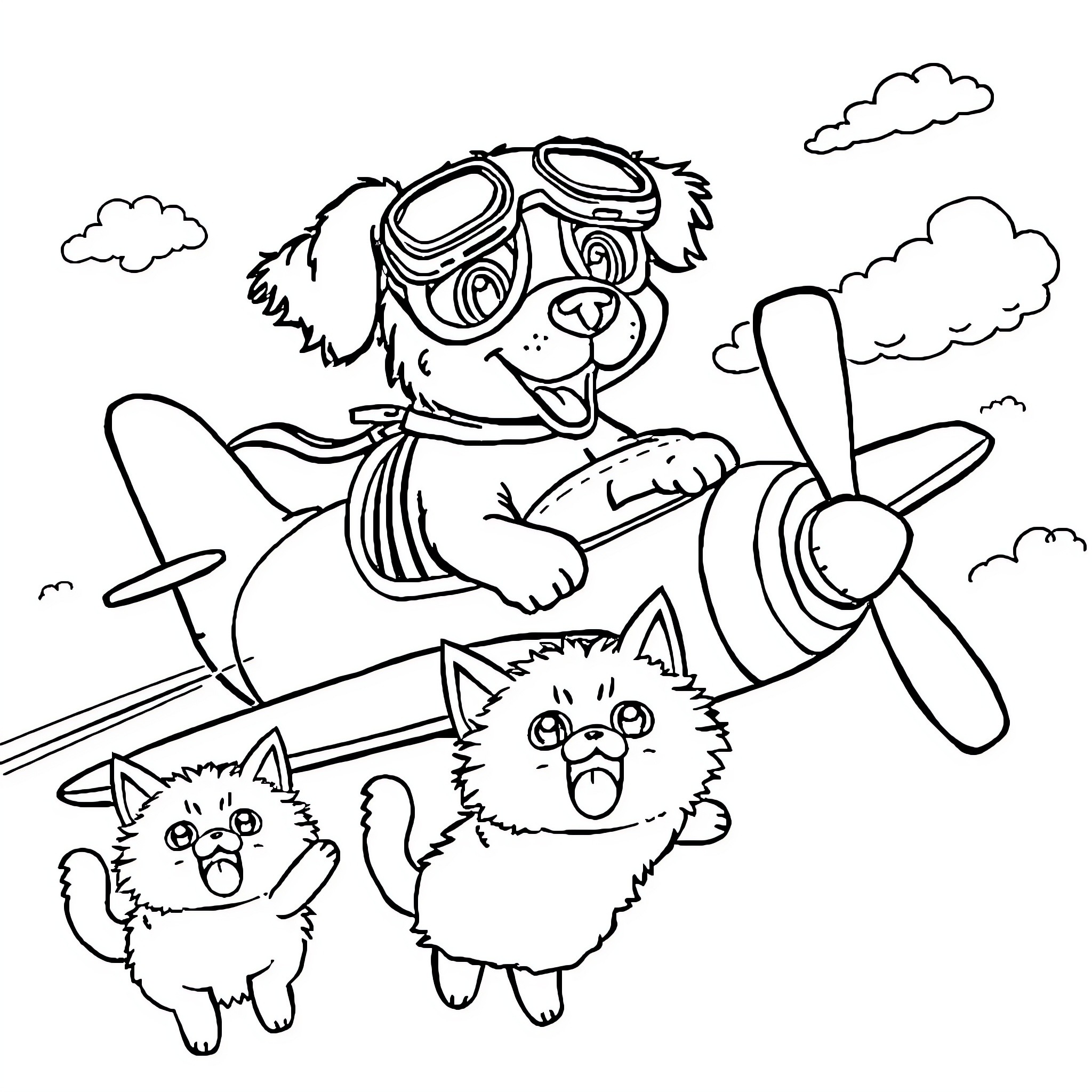 Dog Pilot Flying Plane with Playful Kittens Coloring Page (free black-and-white line drawing printable PDF for all, from beginners to advanced learners, including children, teens, adults, and seniors)