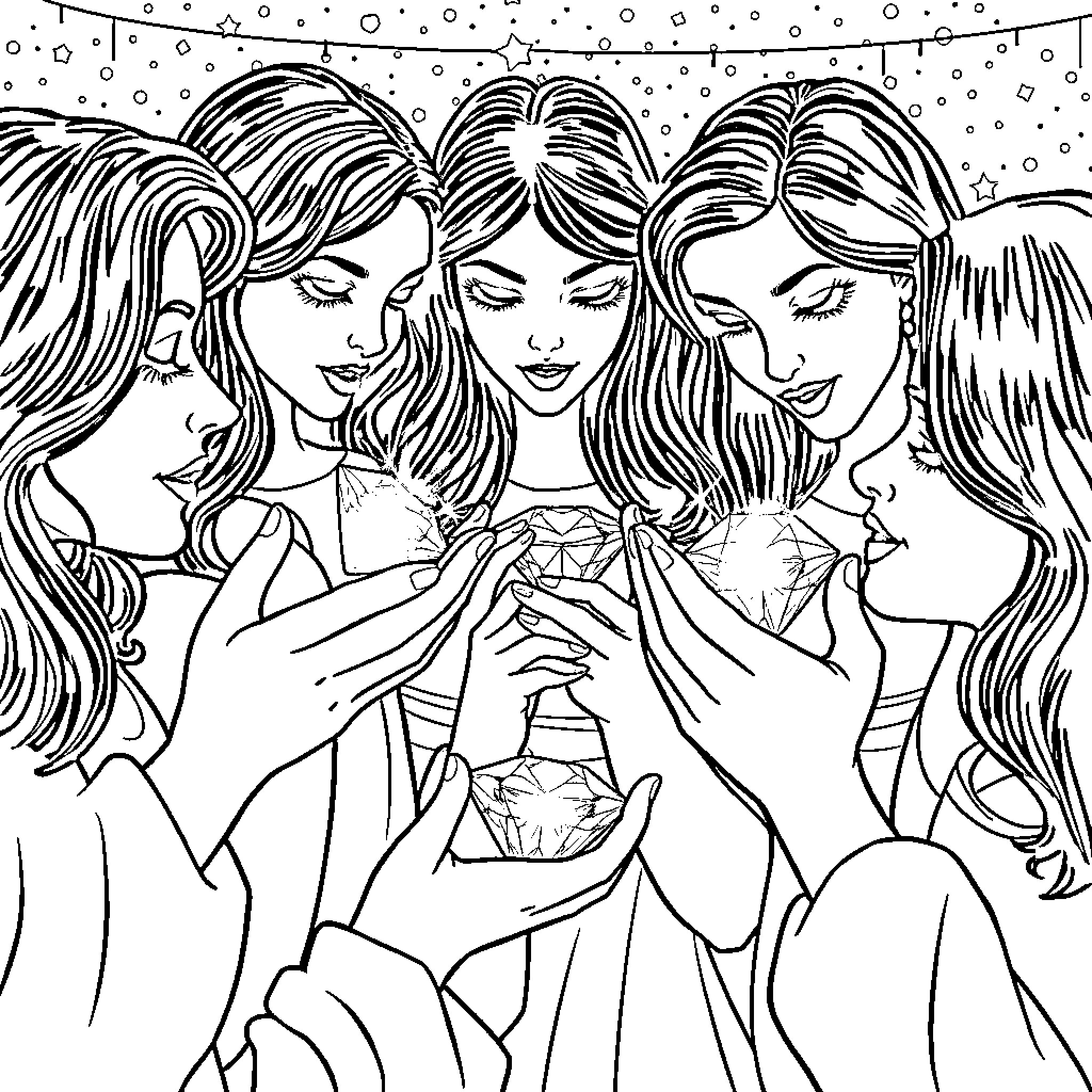 Women sharing a thoughtful moment together Coloring Page (free black-and-white line drawing printable PDF for all, from beginners to advanced learners, including children, teens, adults, and seniors)