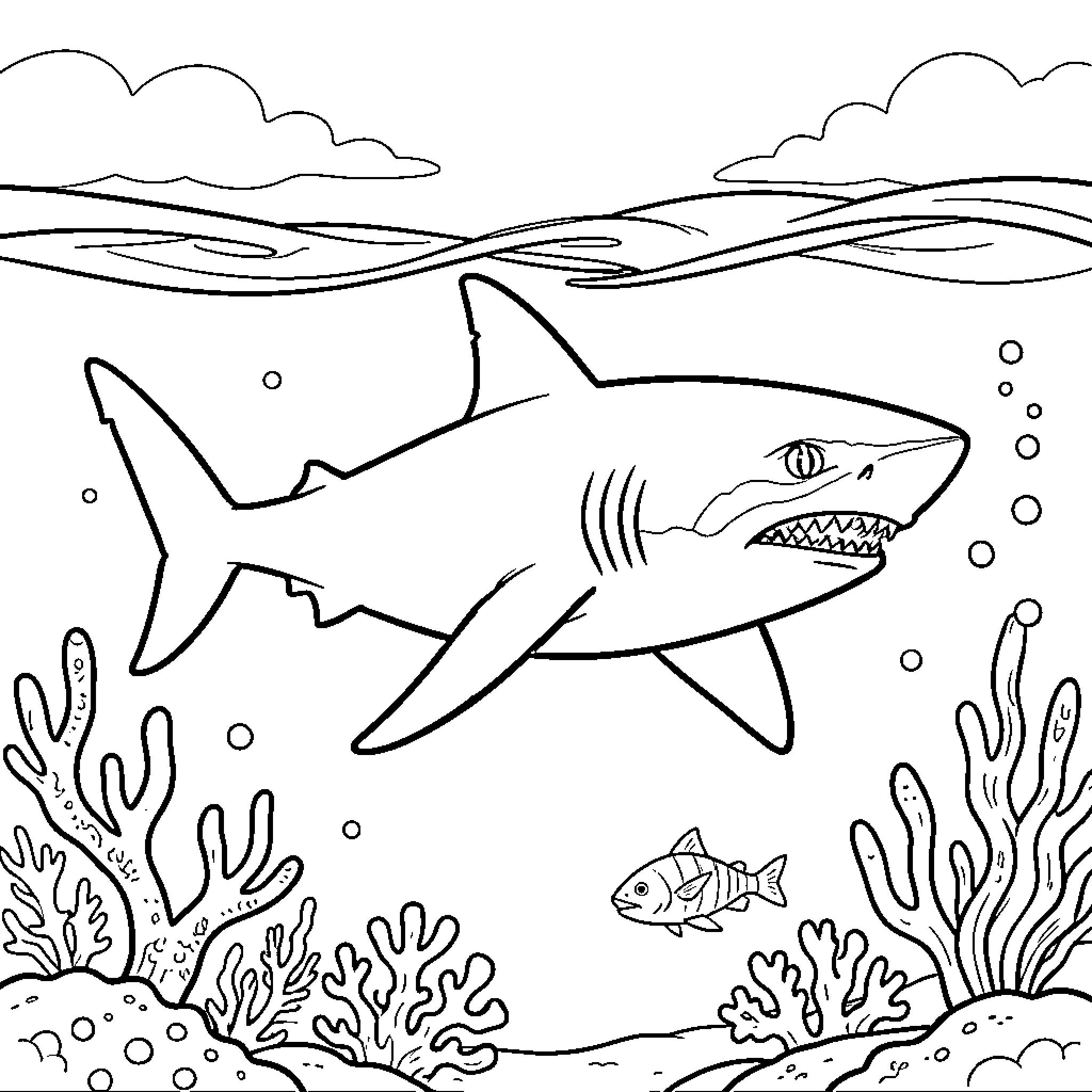 Shark swimming through coral reefs with a small fish Coloring Page (free black-and-white line drawing printable PDF for all, from beginners to advanced learners, including children, teens, adults, and seniors)