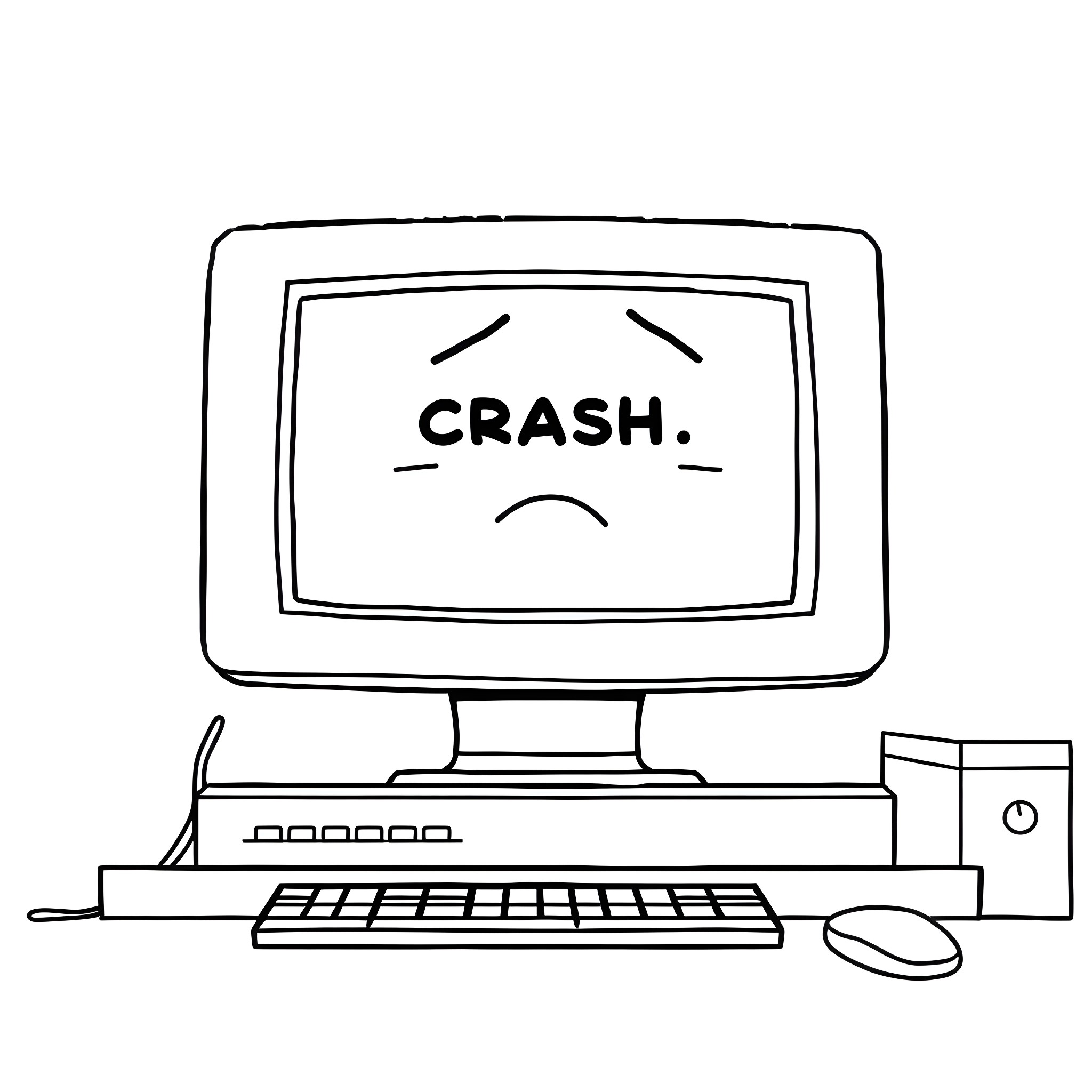 Computer system with crash message Coloring Page (free black-and-white line drawing printable PDF for all, from beginners to advanced learners, including children, teens, adults, and seniors)
