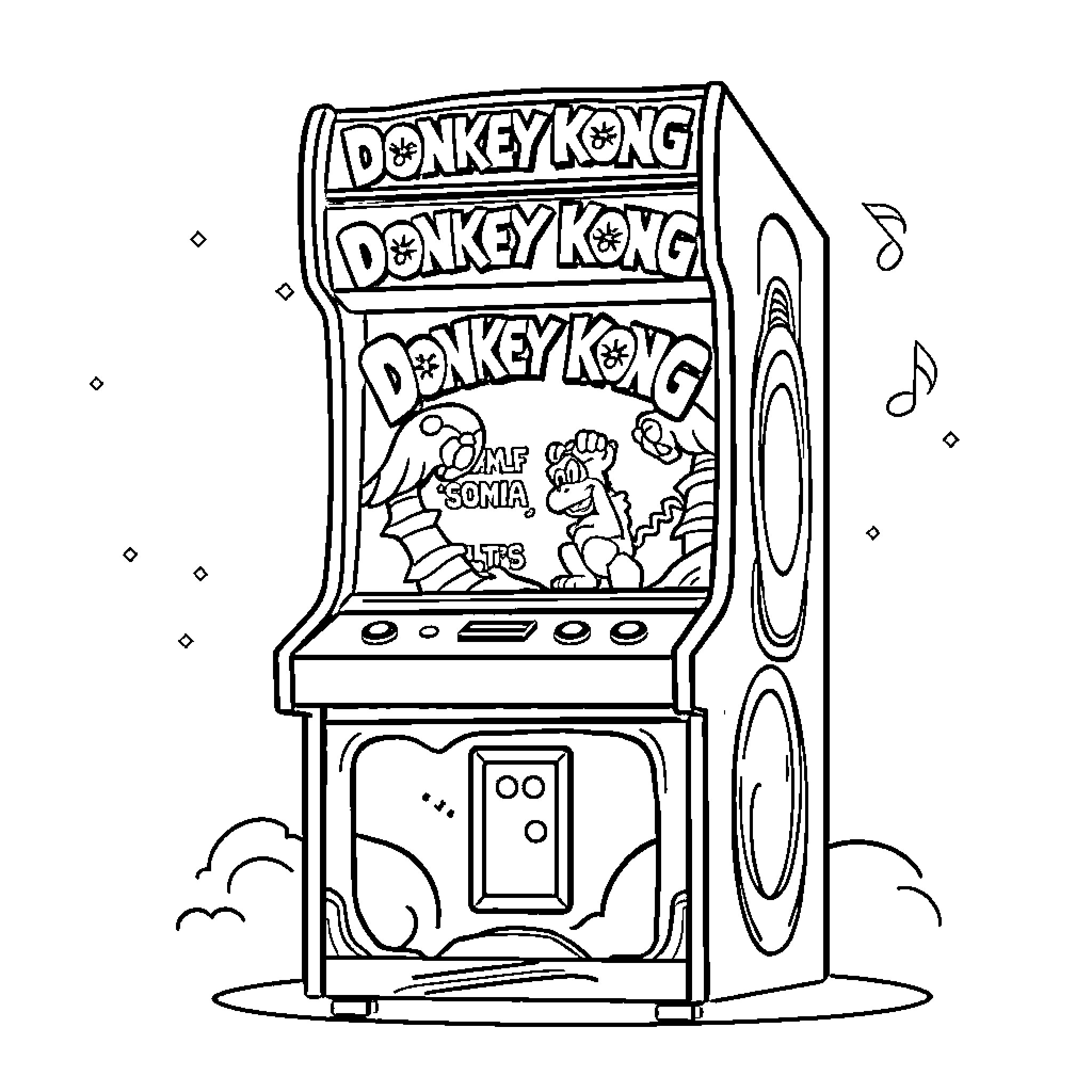 Arcade Cabinet Featuring Donkey Kong Characters Coloring Page (free black-and-white line drawing printable PDF for all, from beginners to advanced learners, including children, teens, adults, and seniors)