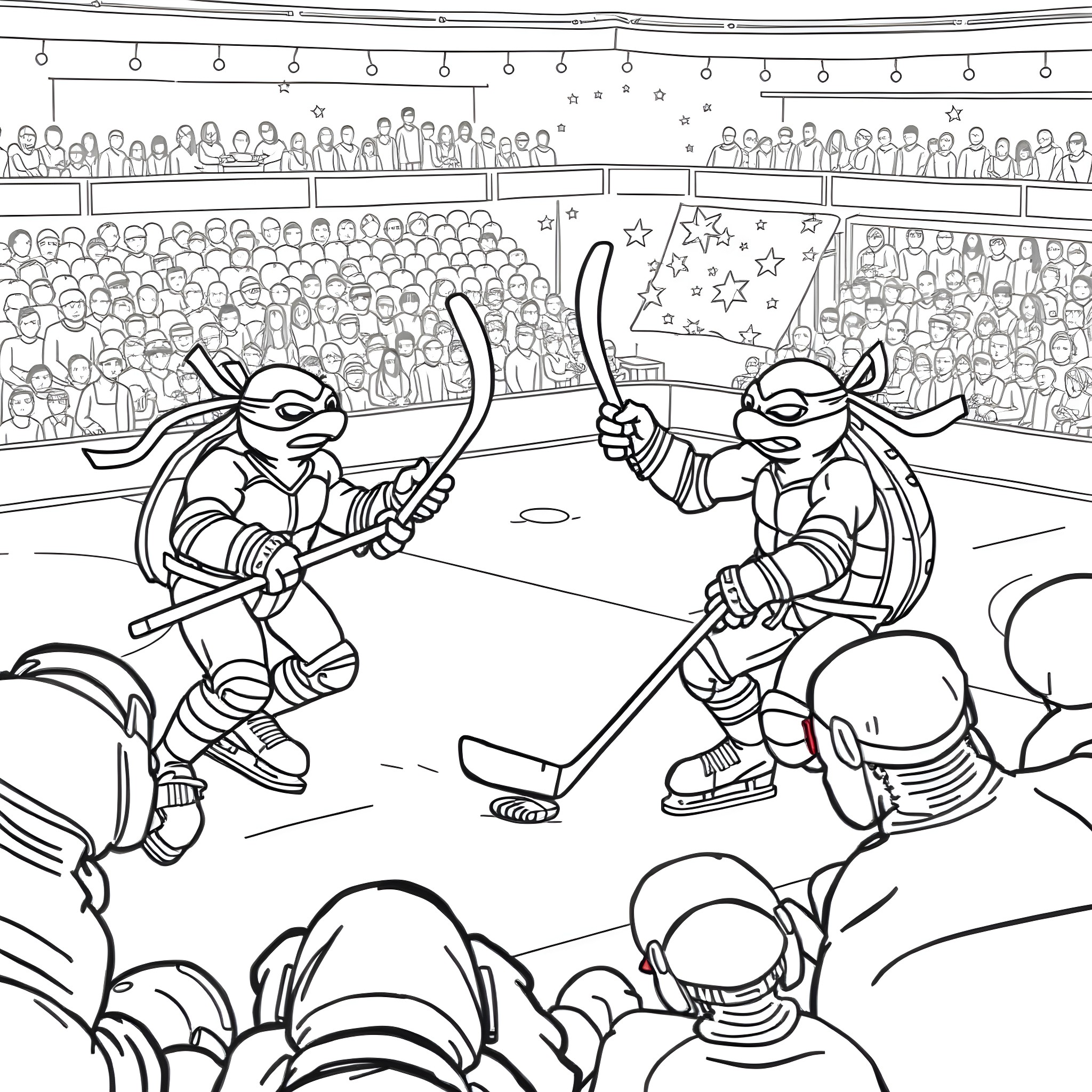 Ninja Turtles hockey rivals battle on the ice Coloring Page (free black-and-white line drawing printable PDF for all, from beginners to advanced learners, including children, teens, adults, and seniors)