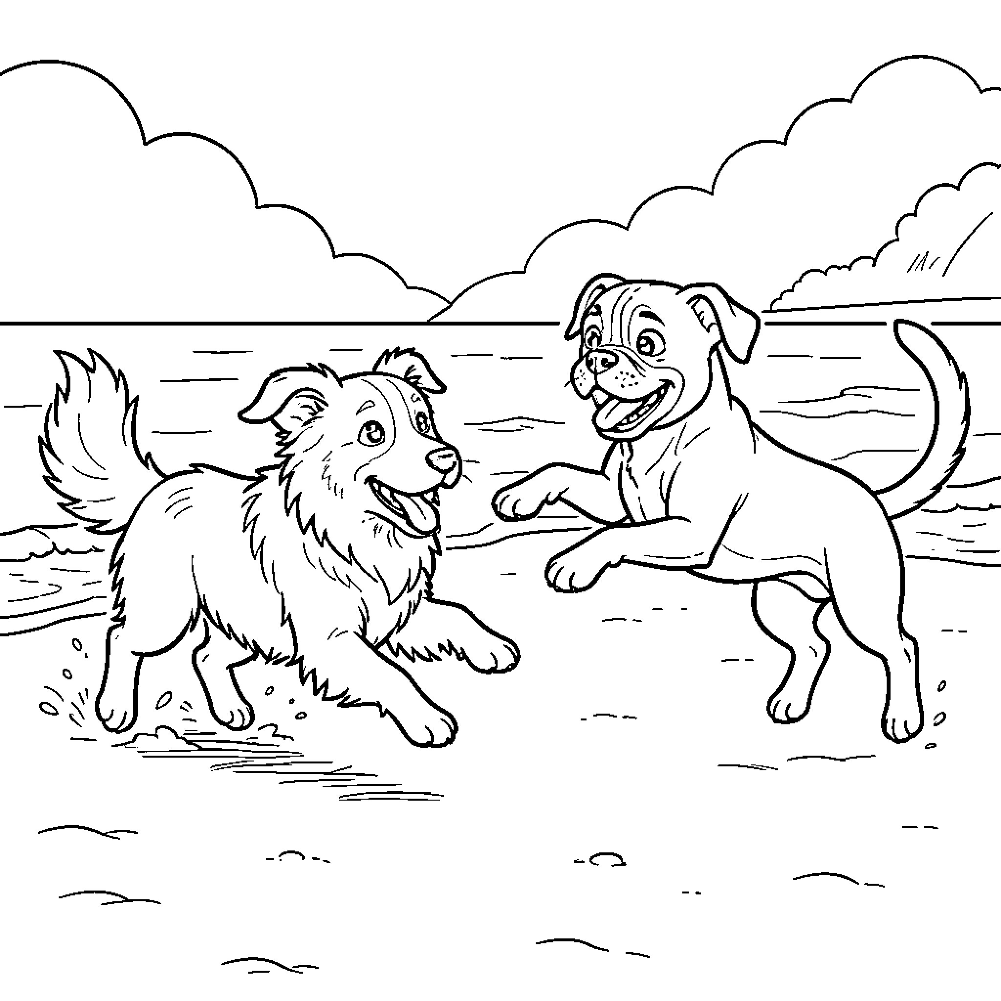 Dog playing joyfully on the beach Coloring Page (free black-and-white line drawing printable PDF for all, from beginners to advanced learners, including children, teens, adults, and seniors)