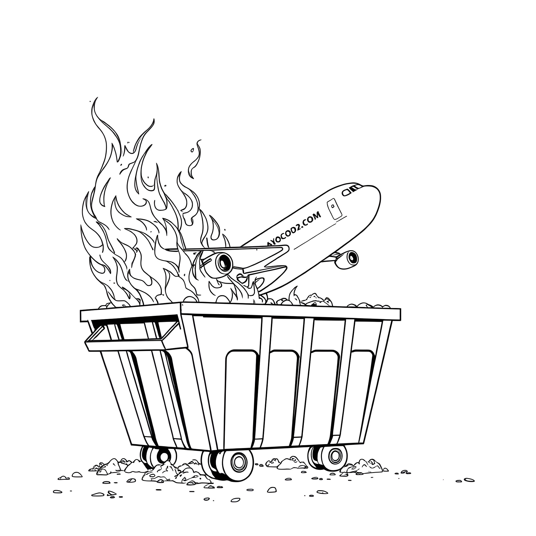 Airplane crashing into dumpster in flames Coloring Page (free black-and-white line drawing printable PDF for all, from beginners to advanced learners, including children, teens, adults, and seniors)