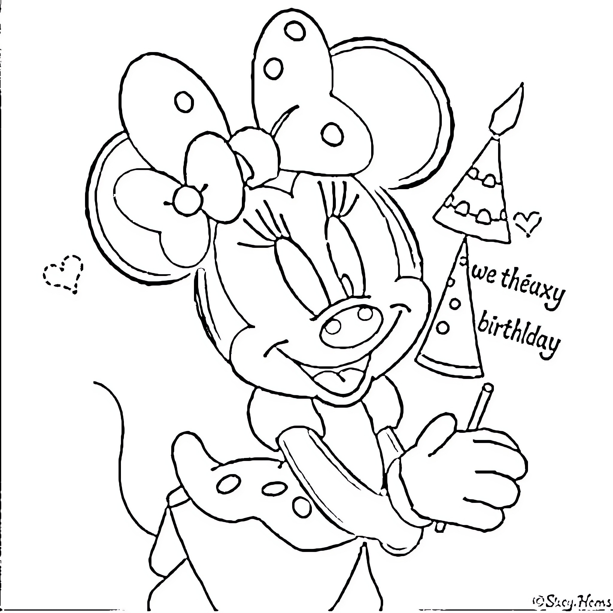 Minnie celebrating her birthday with party accessories Coloring Page (free black-and-white line drawing printable PDF for all, from beginners to advanced learners, including children, teens, adults, and seniors)