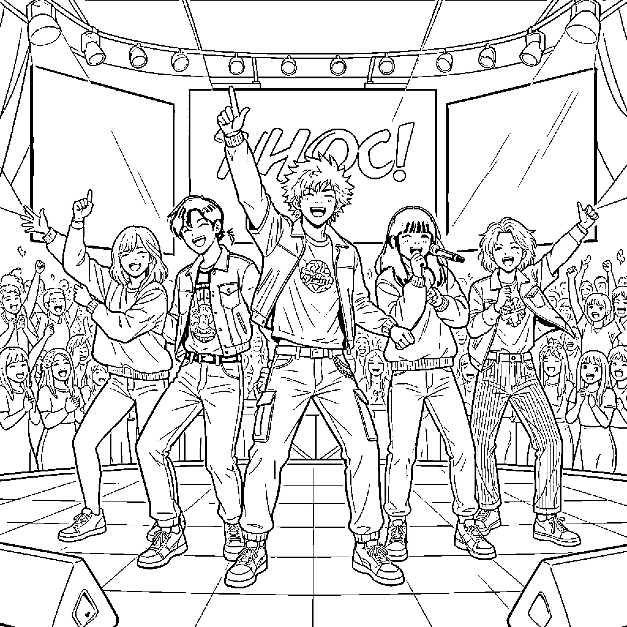 K Pop group performing energetically on stage Coloring Page (free black-and-white line drawing printable PDF for all, from beginners to advanced learners, including children, teens, adults, and seniors)