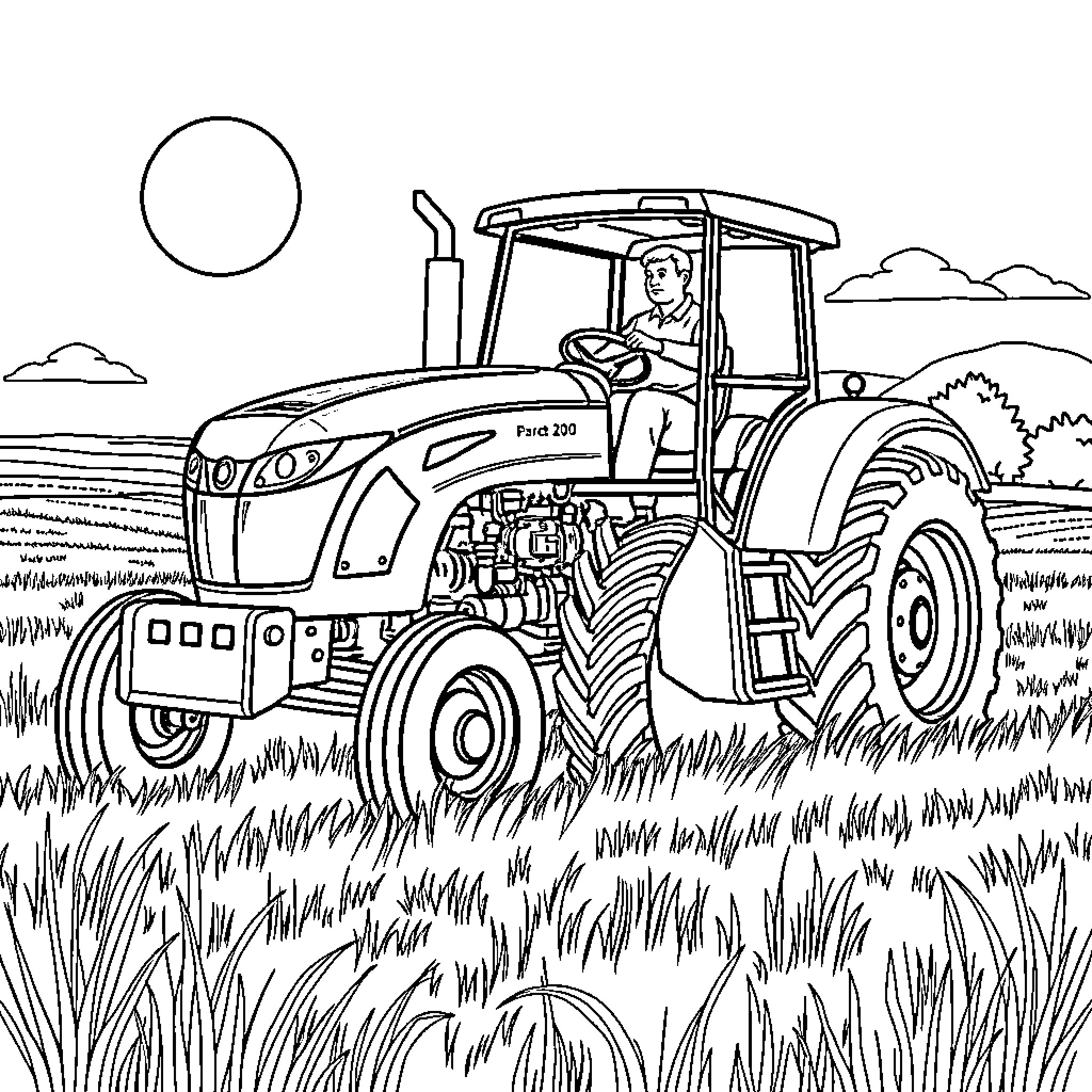 Man driving large agricultural tractor on rural field Coloring Page (free black-and-white line drawing printable PDF for all, from beginners to advanced learners, including children, teens, adults, and seniors)