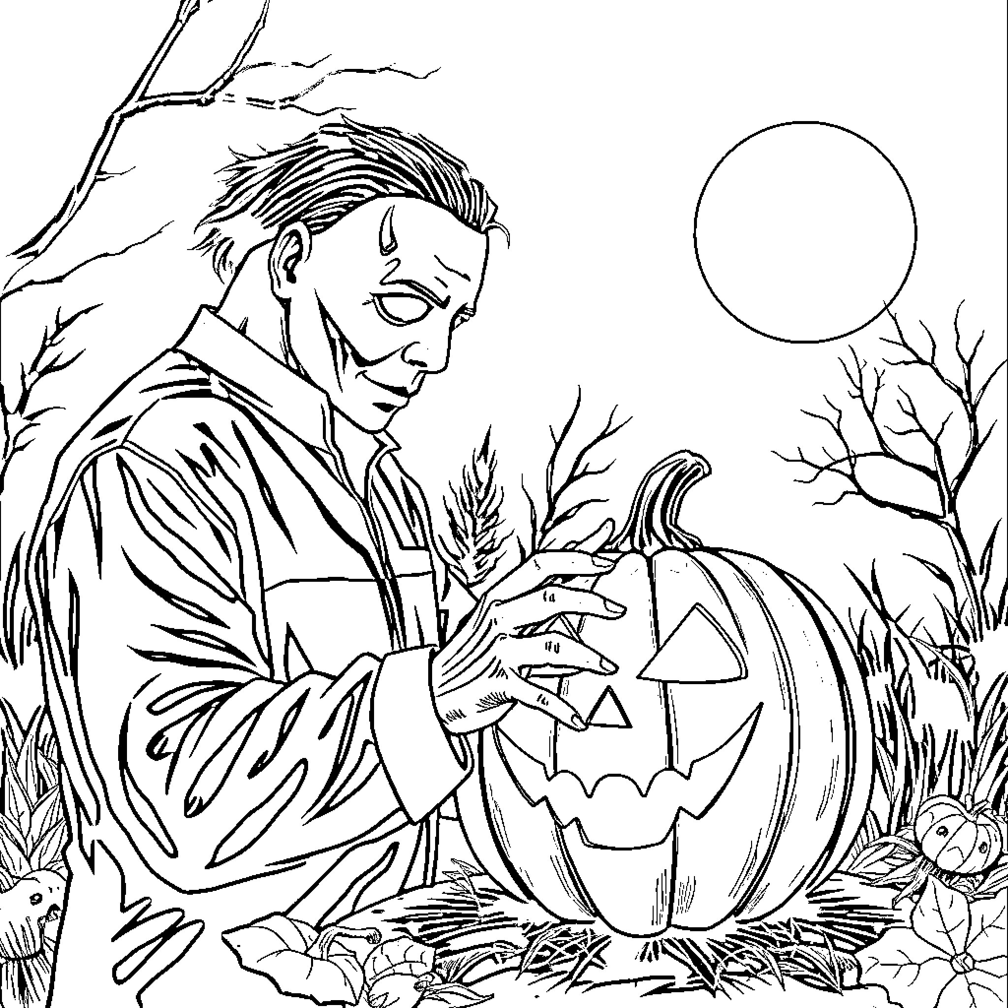 Michael Myers and the Eerie Pumpkin Coloring Page (free black-and-white line drawing printable PDF for all, from beginners to advanced learners, including children, teens, adults, and seniors)
