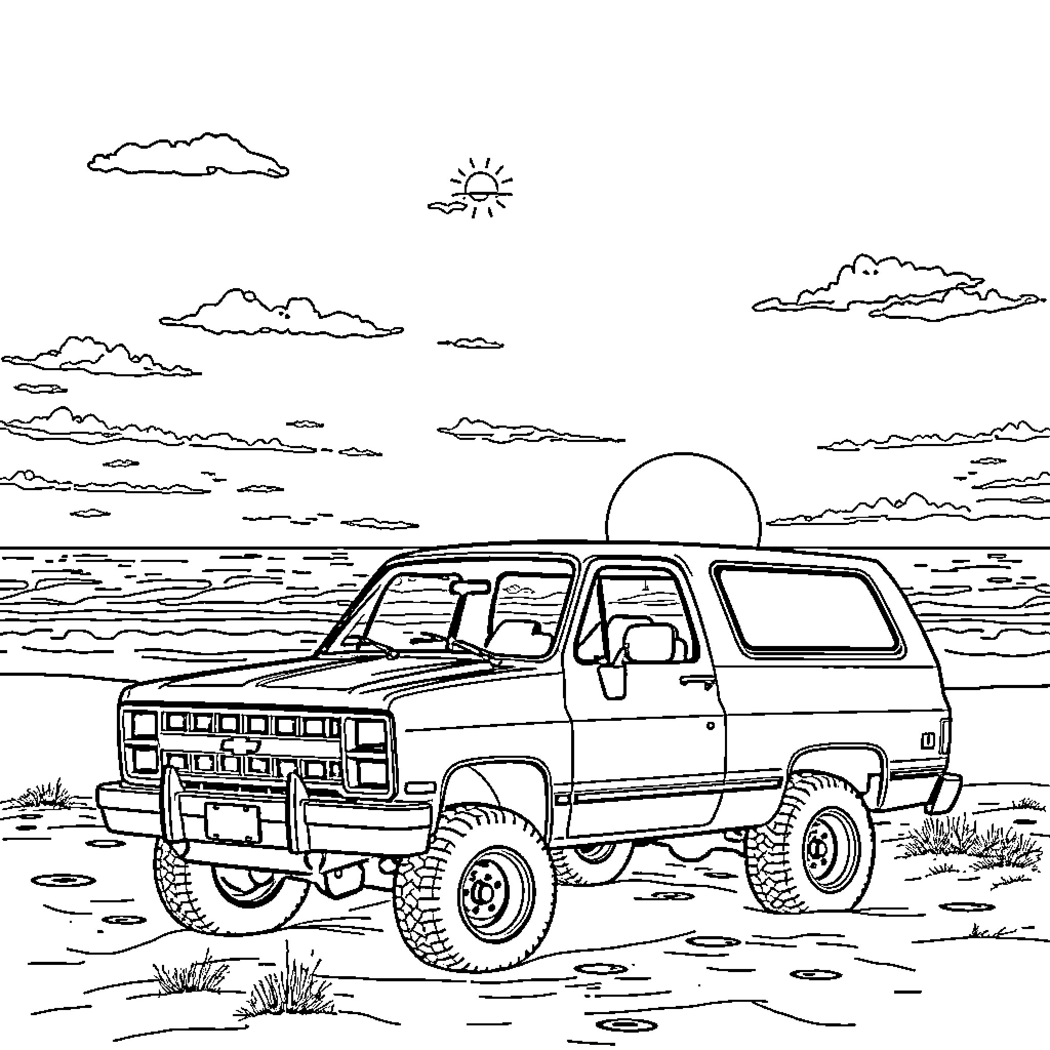 K5 Blazer off-roading in the desert landscape Coloring Page (free black-and-white line drawing printable PDF for all, from beginners to advanced learners, including children, teens, adults, and seniors)
