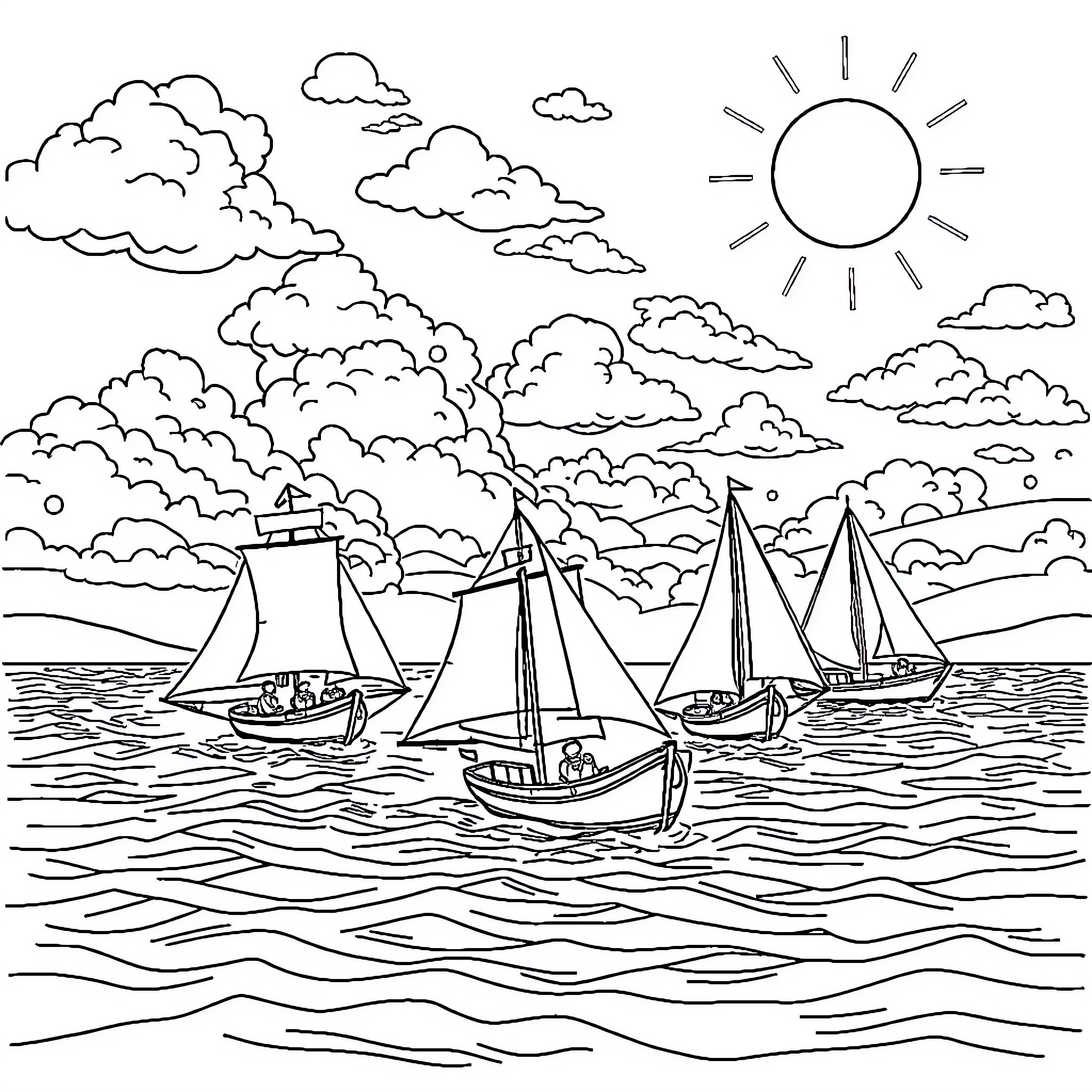Barco sailing amid clouds and sun Coloring Page (free black-and-white line drawing printable PDF for all, from beginners to advanced learners, including children, teens, adults, and seniors)