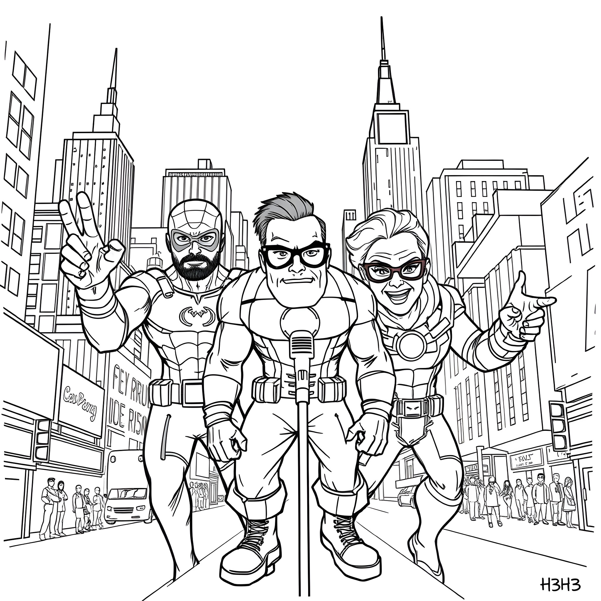 H3H3 Podcast: Superhero Trio in Action Poses Coloring Page (free black-and-white line drawing printable PDF for all, from beginners to advanced learners, including children, teens, adults, and seniors)