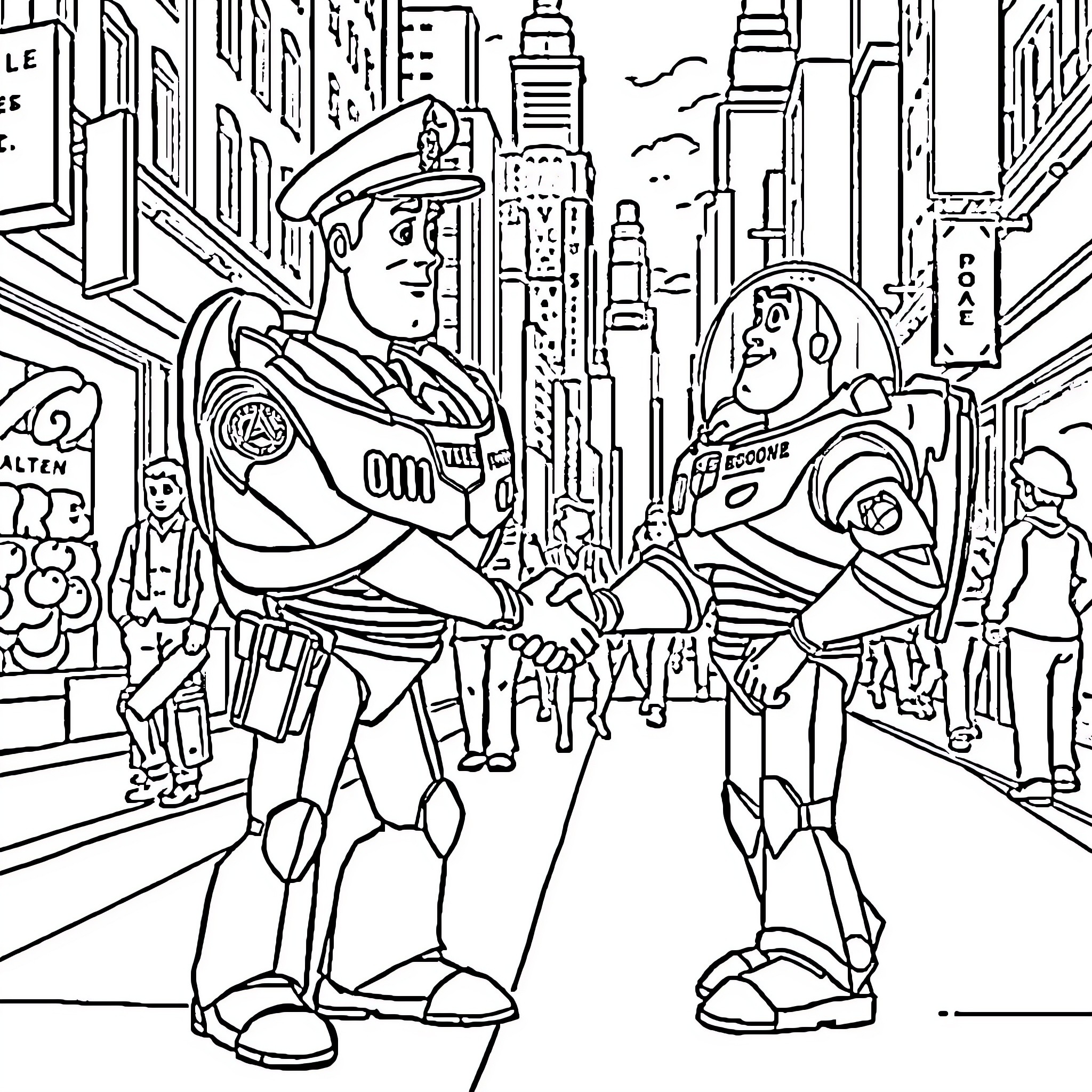 Buzz Lightyear and Woody exploring a bustling city Coloring Page (free black-and-white line drawing printable PDF for all, from beginners to advanced learners, including children, teens, adults, and seniors)