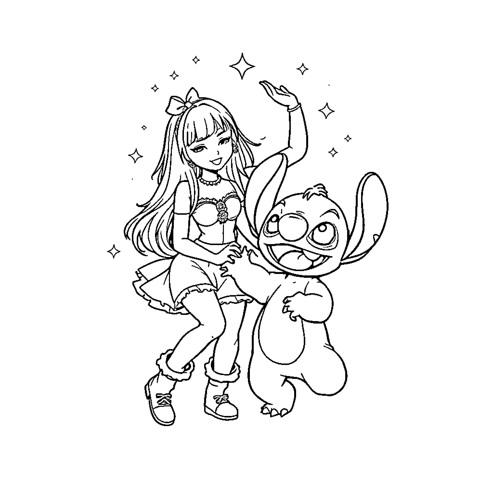 Kpop Characters Dancing with Whimsical Expressions Coloring Page (free black-and-white line drawing printable PDF for all, from beginners to advanced learners, including children, teens, adults, and seniors)