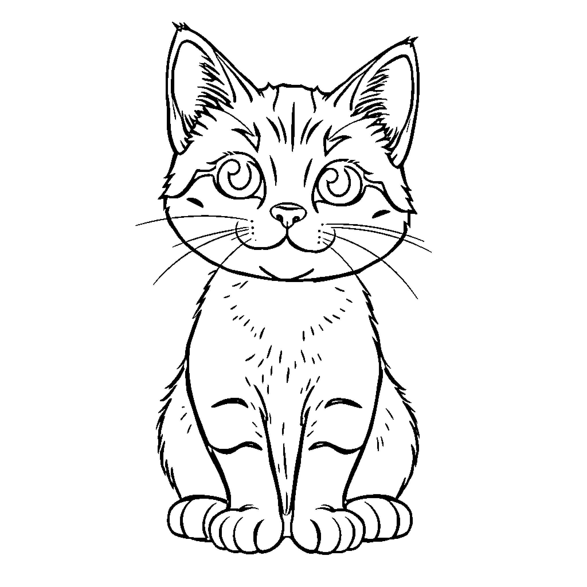 Cat with swirly eyes in simple outline Coloring Page (free black-and-white line drawing printable PDF for all, from beginners to advanced learners, including children, teens, adults, and seniors)