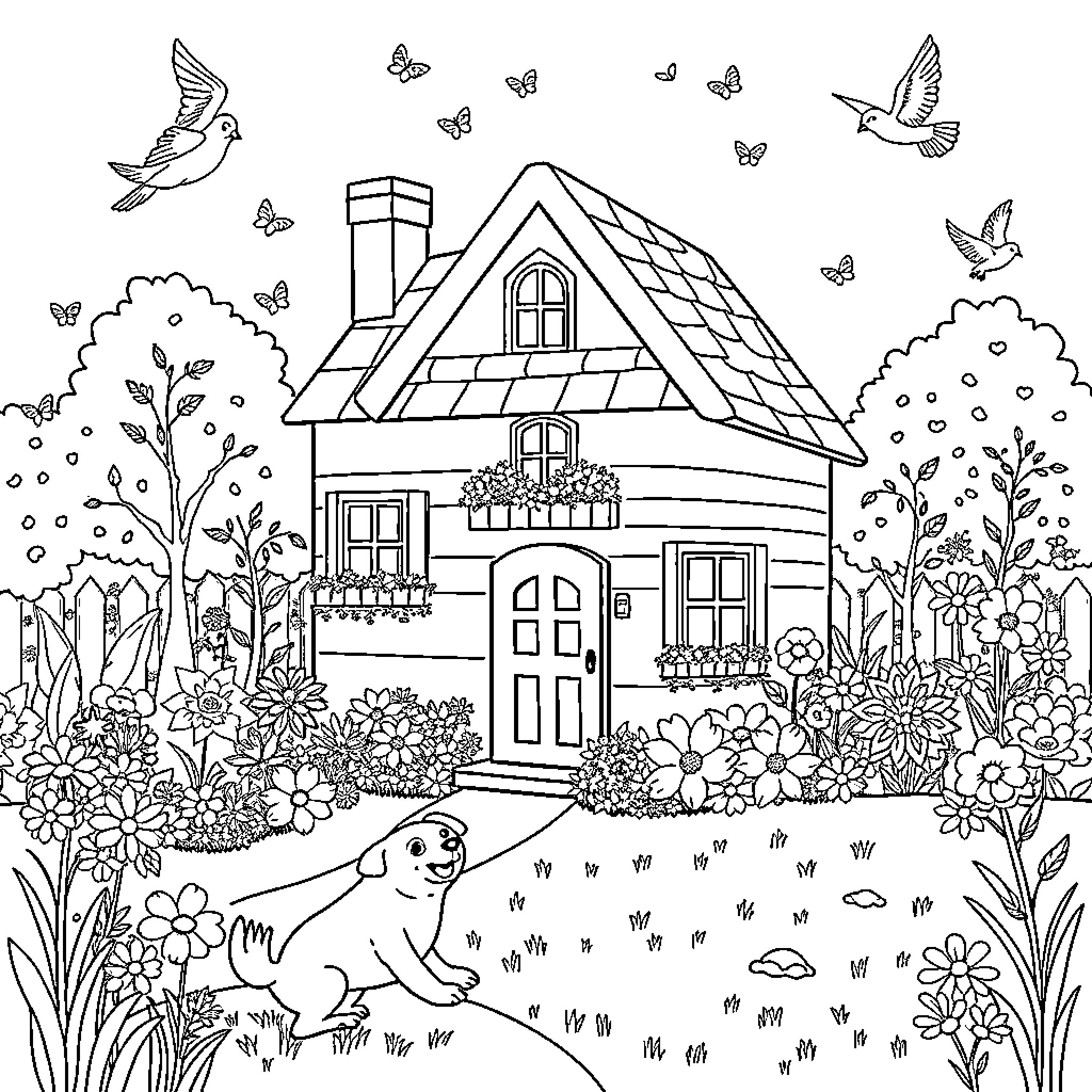 House with vibrant garden and flying birds Coloring Page (free black-and-white line drawing printable PDF for all, from beginners to advanced learners, including children, teens, adults, and seniors)