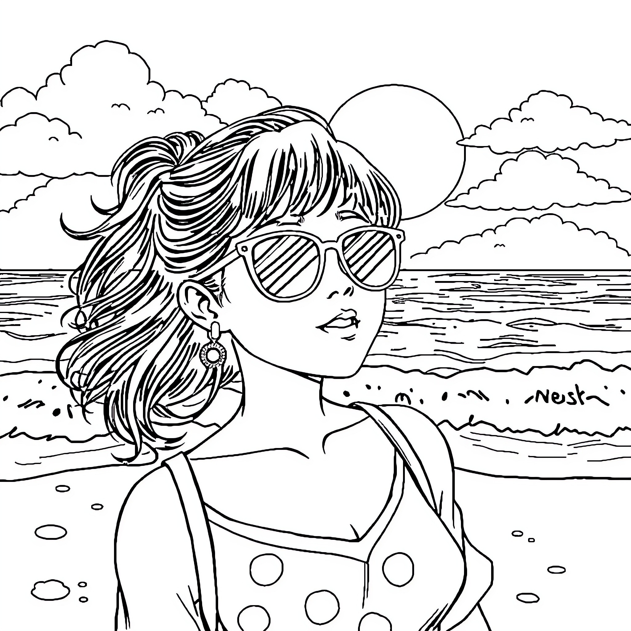 Nezuko enjoying a sunny day at the beach Coloring Page (free black-and-white line drawing printable PDF for all, from beginners to advanced learners, including children, teens, adults, and seniors)