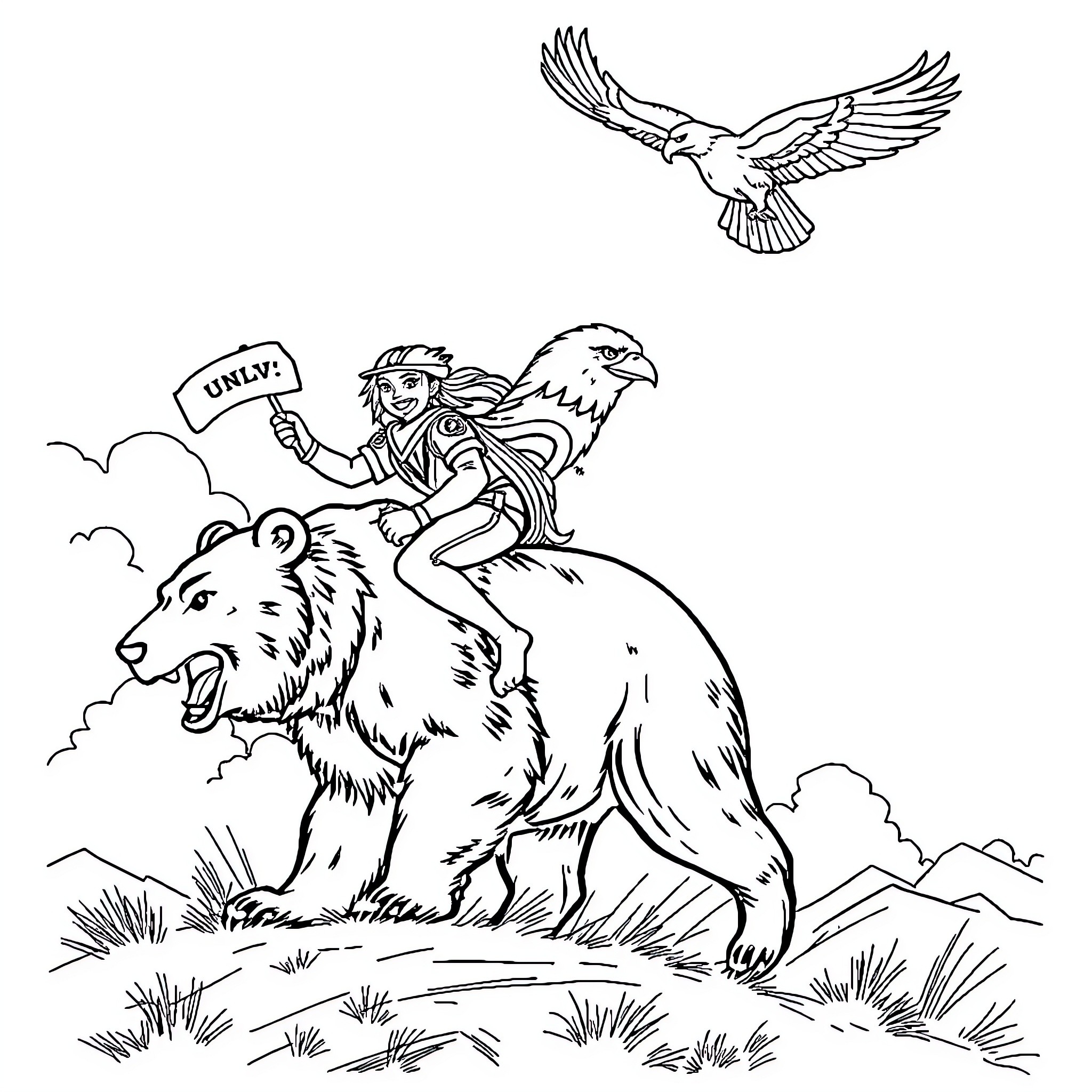 Rebel Warrior Riding Fierce Lion in Wilderness Coloring Page (free black-and-white line drawing printable PDF for all, from beginners to advanced learners, including children, teens, adults, and seniors)