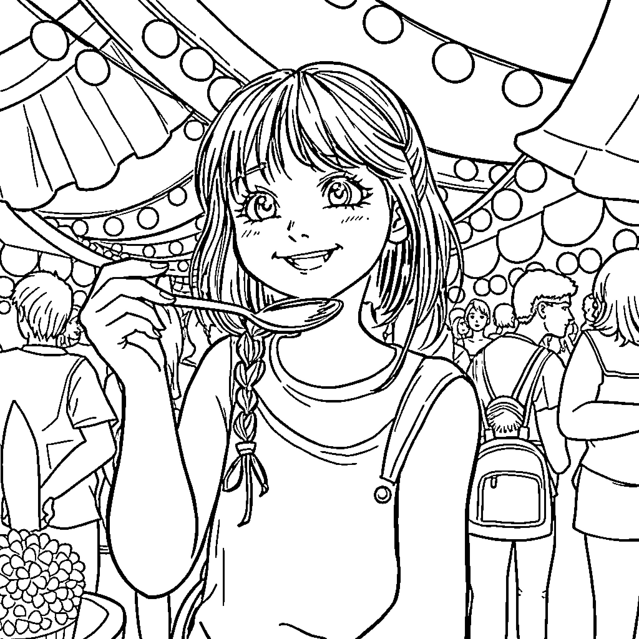 Girl exploring a whimsical carnival scene Coloring Page (free black-and-white line drawing printable PDF for all, from beginners to advanced learners, including children, teens, adults, and seniors)