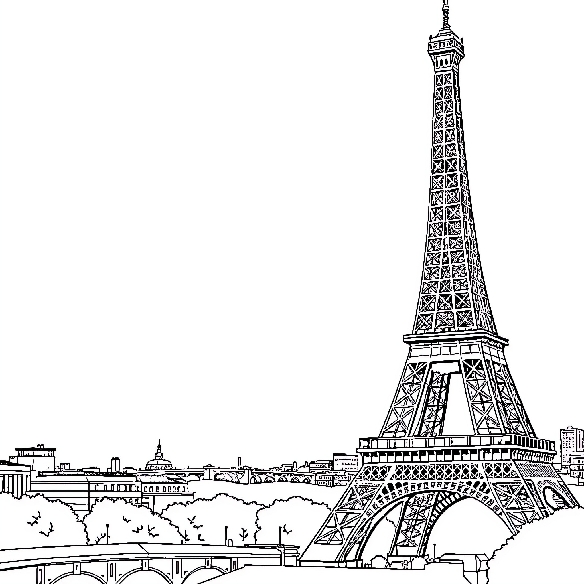 Eiffel Tower in iconic Paris cityscape Coloring Page (free black-and-white line drawing printable PDF for all, from beginners to advanced learners, including children, teens, adults, and seniors)