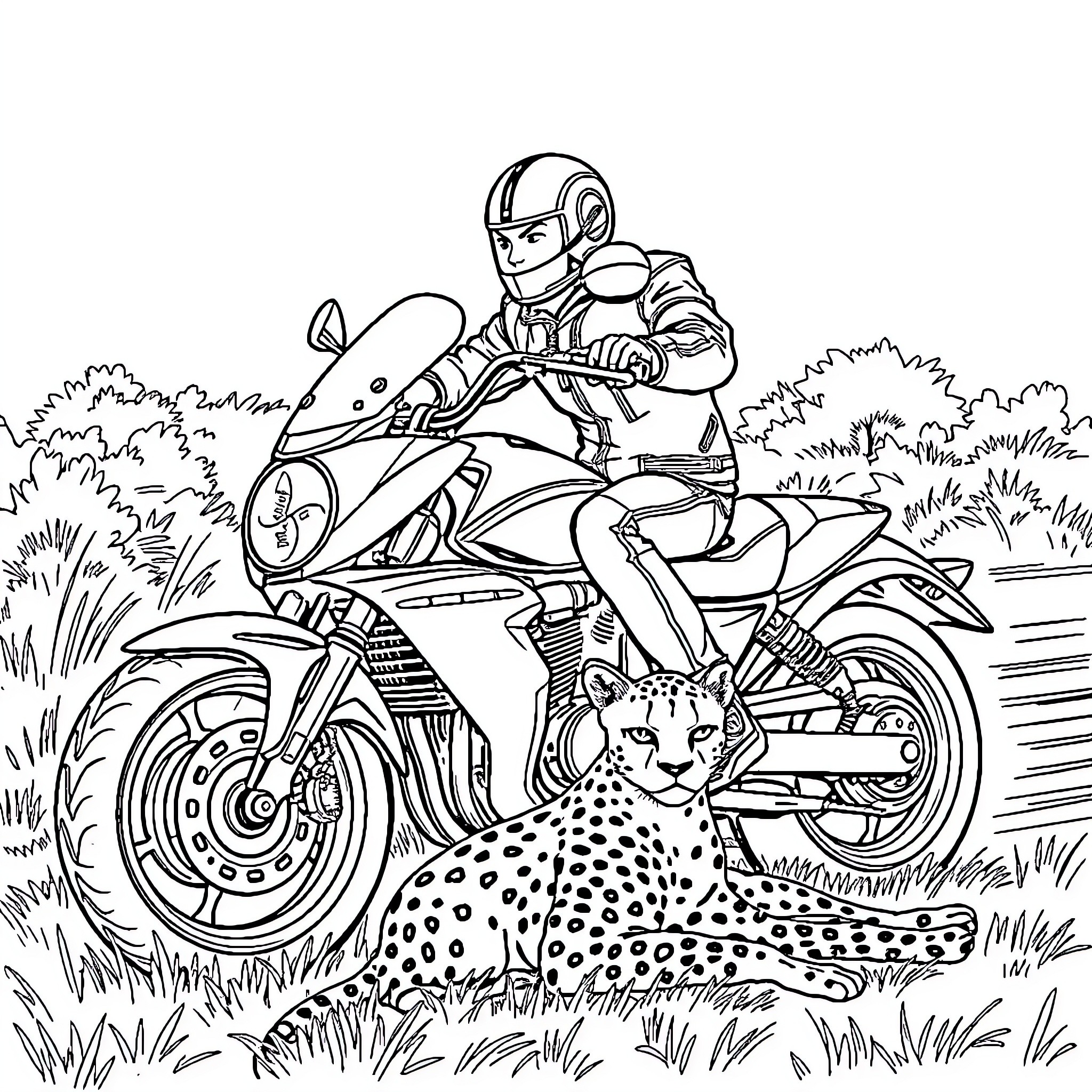 Motorcycle rider speeding through the countryside with wild cheetah Coloring Page (free black-and-white line drawing printable PDF for all, from beginners to advanced learners, including children, teens, adults, and seniors)