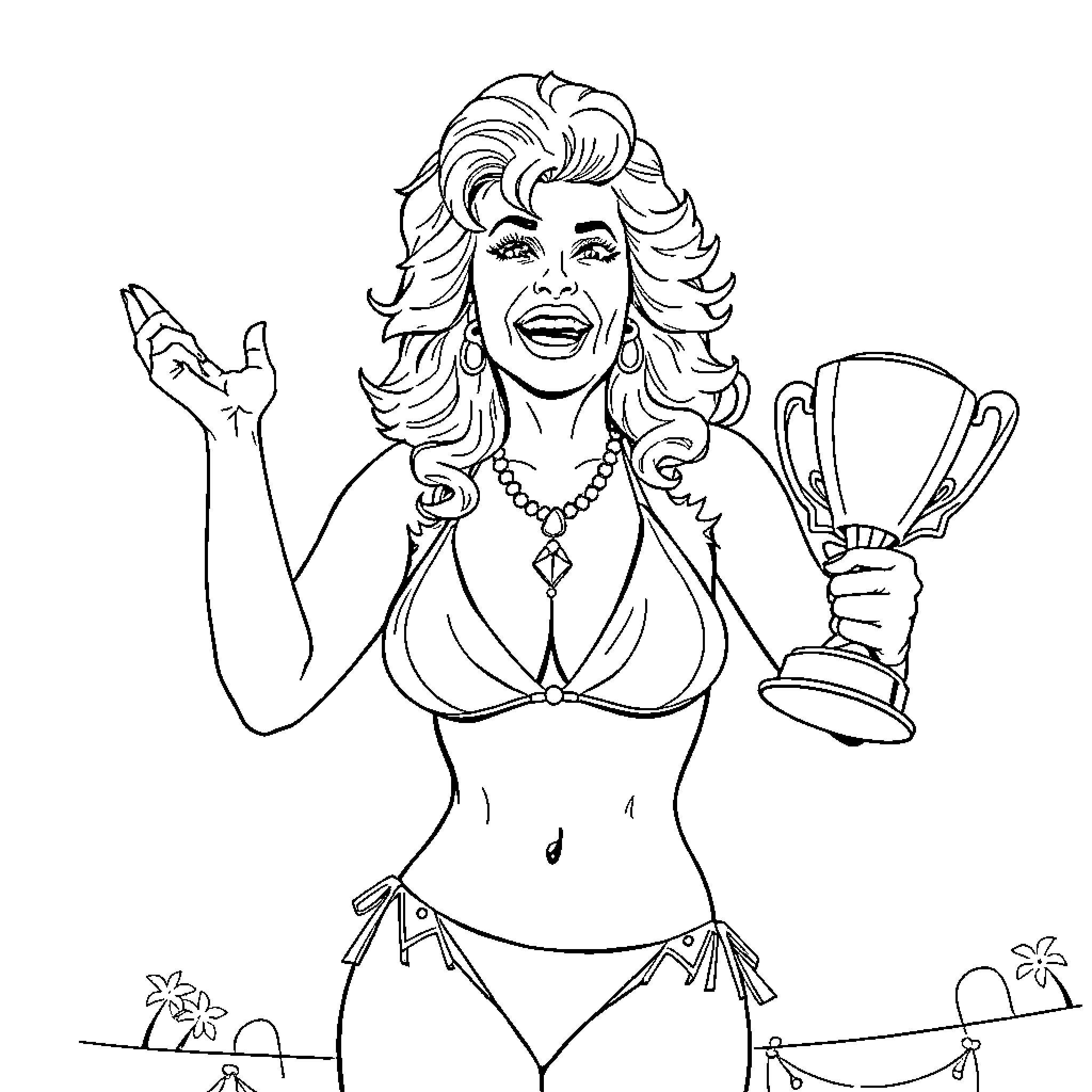 Dolly Parton Celebrating with Trophy and Enthusiasm Coloring Page (free black-and-white line drawing printable PDF for all, from beginners to advanced learners, including children, teens, adults, and seniors)