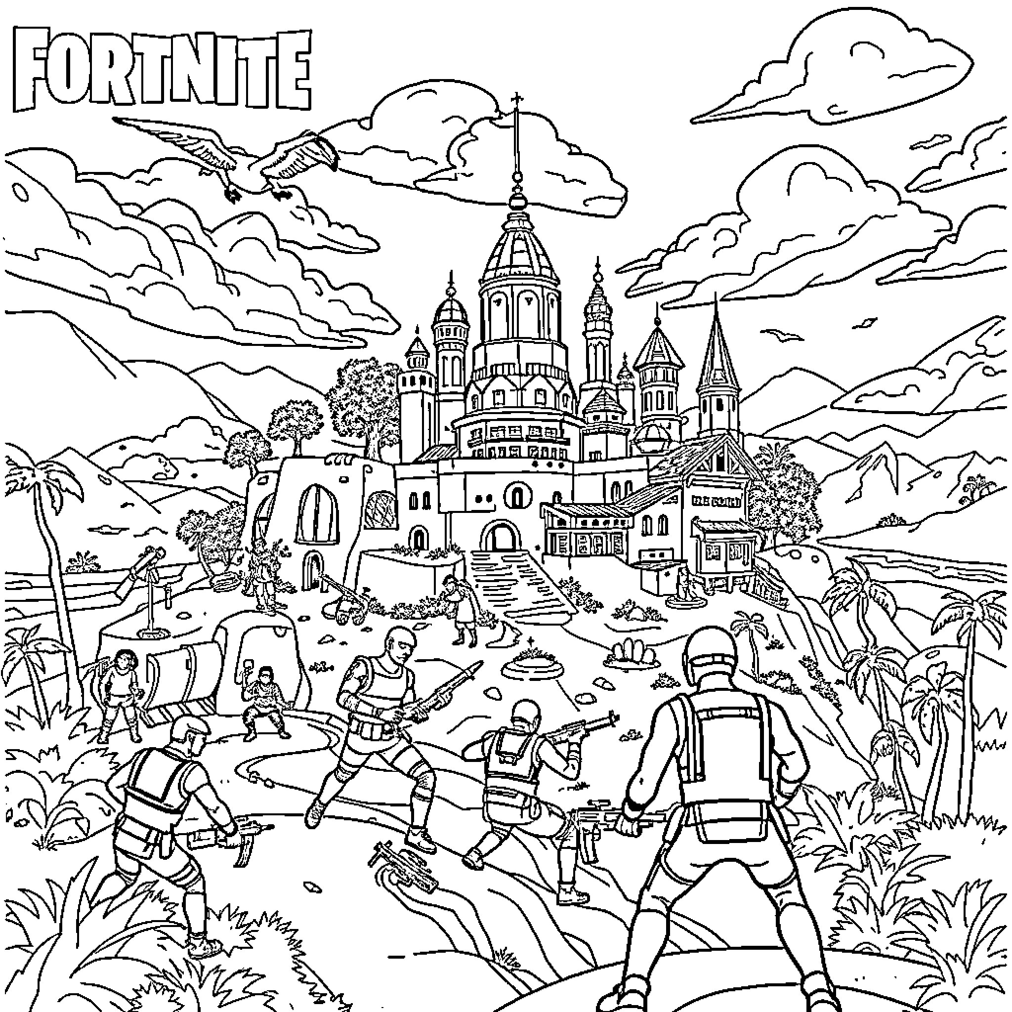 Fortnite characters in a fantastical landscape Coloring Page (free black-and-white line drawing printable PDF for all, from beginners to advanced learners, including children, teens, adults, and seniors)