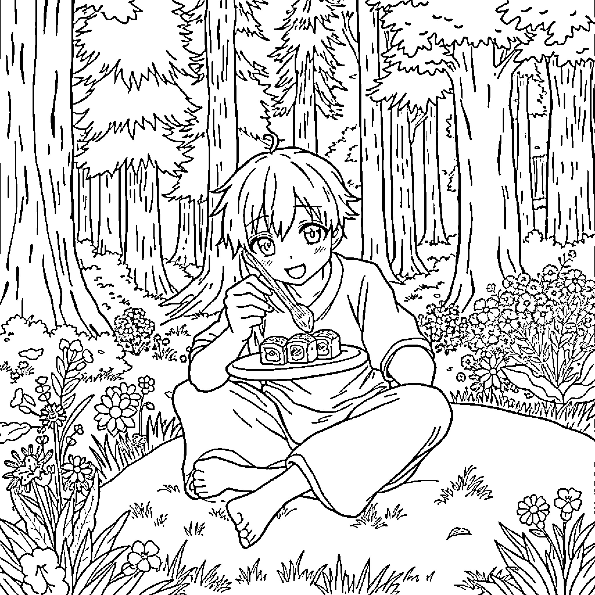 Gojou Satoro enjoying a picnic in the forest Coloring Page (free black-and-white line drawing printable PDF for all, from beginners to advanced learners, including children, teens, adults, and seniors)
