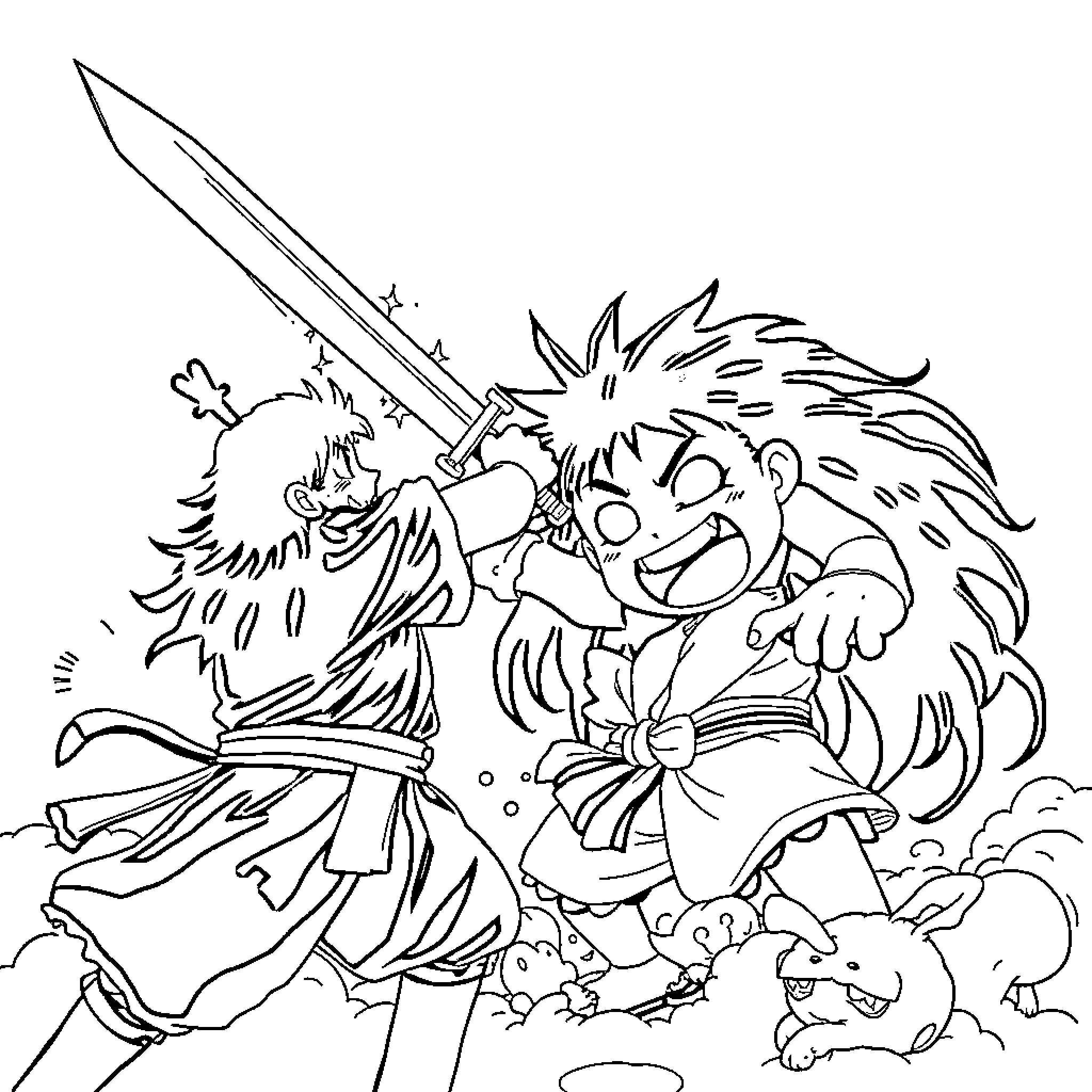 Shanks in Heroic Battle with Companions Coloring Page (free black-and-white line drawing printable PDF for all, from beginners to advanced learners, including children, teens, adults, and seniors)