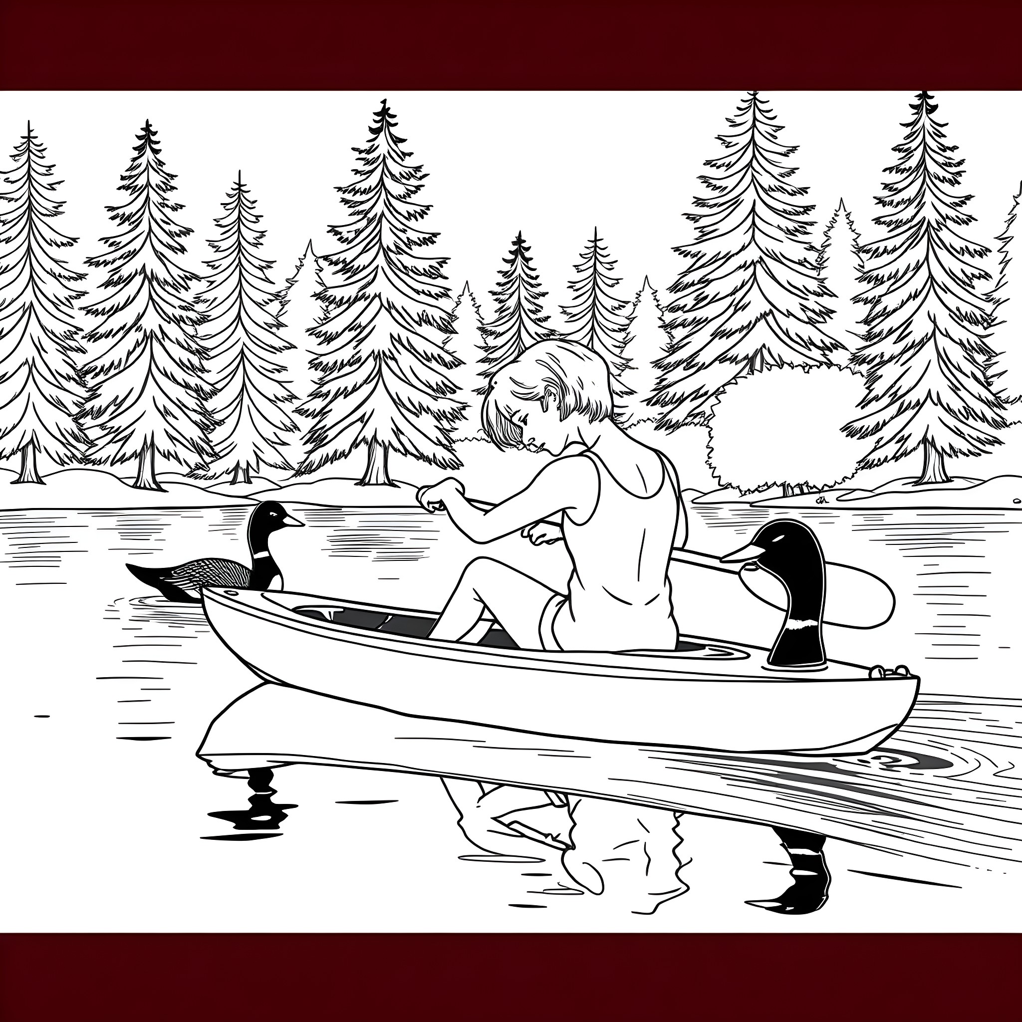 Woman enjoying peaceful boat ride with ducks Coloring Page (free black-and-white line drawing printable PDF for all, from beginners to advanced learners, including children, teens, adults, and seniors)