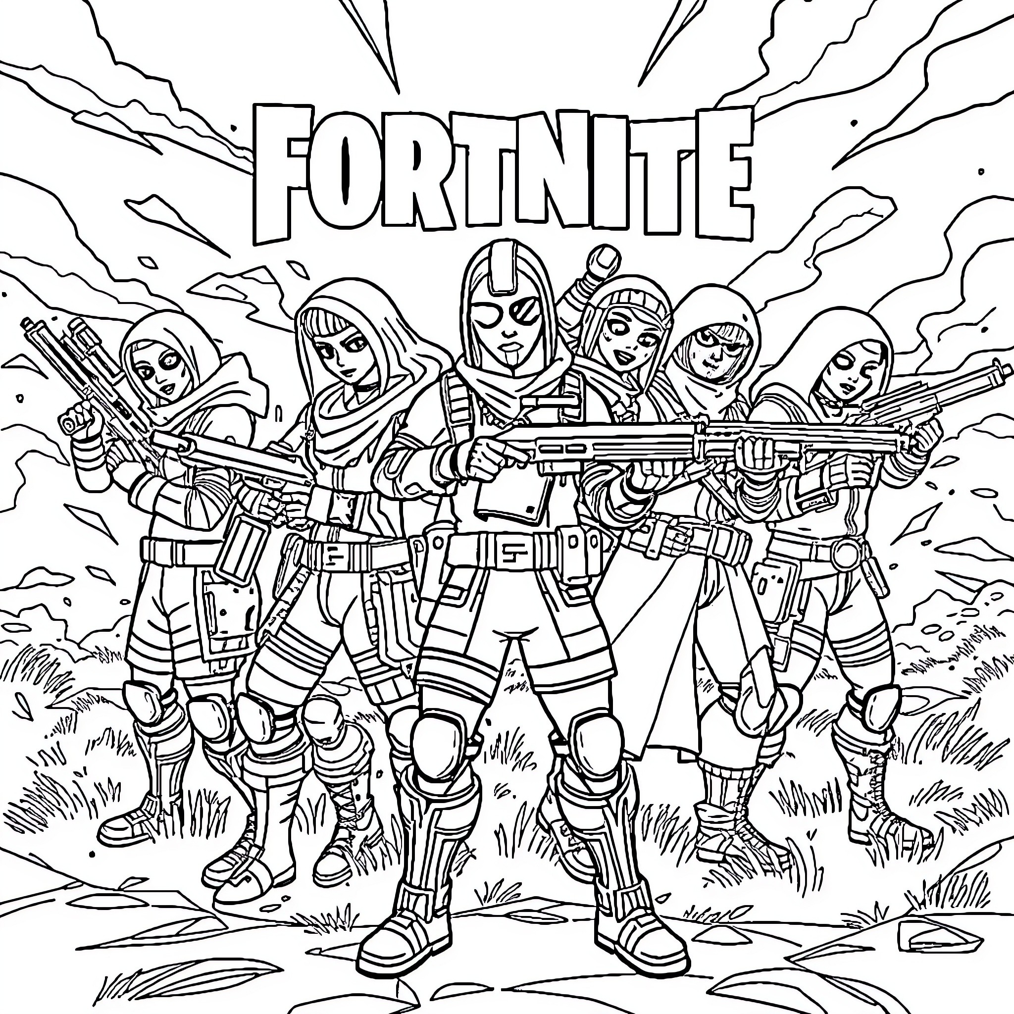 Fortnite Character Squad Posing with Weapons Coloring Page (free black-and-white line drawing printable PDF for all, from beginners to advanced learners, including children, teens, adults, and seniors)