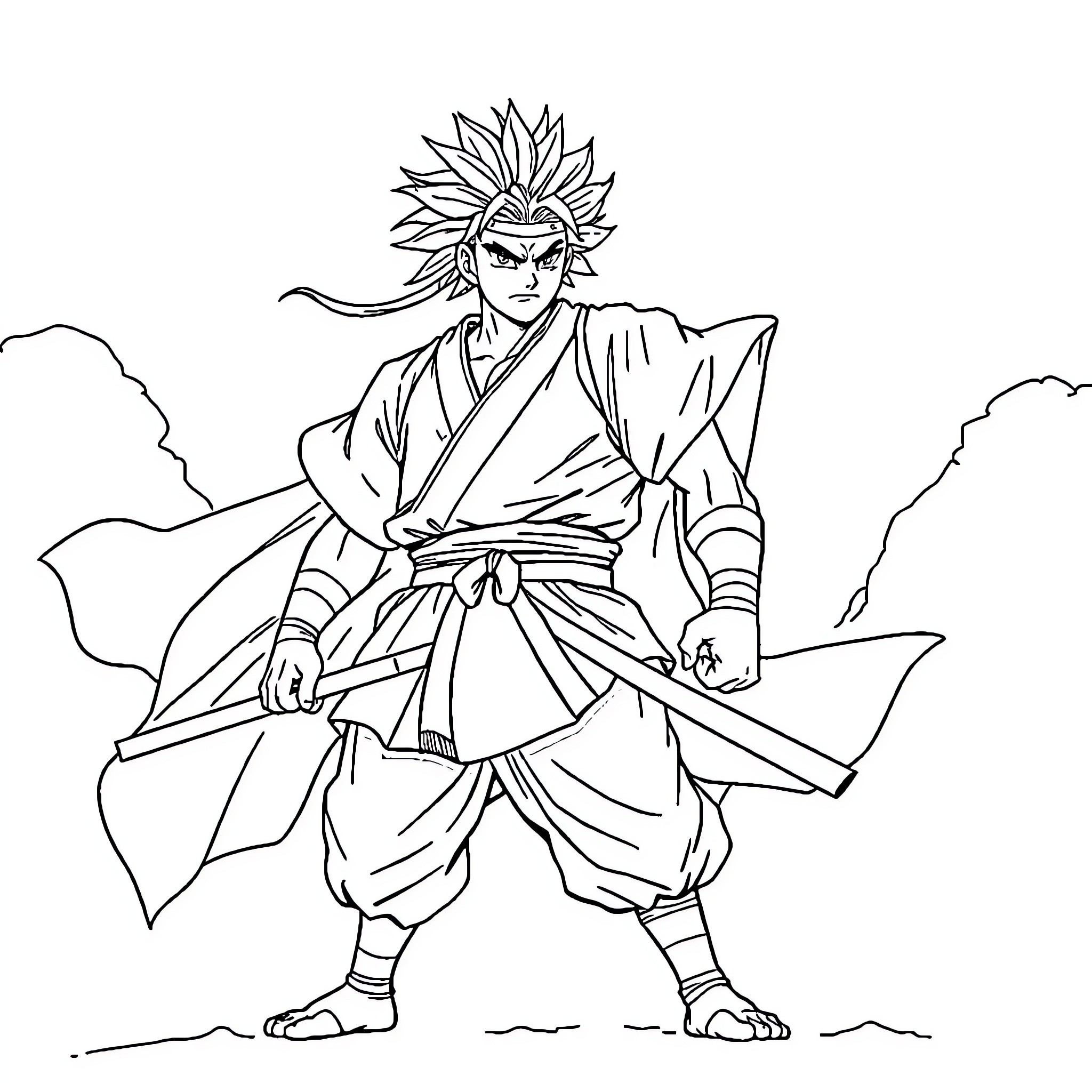 Sangoku Warrior in Stylized Samurai Attire Coloring Page (free black-and-white line drawing printable PDF for all, from beginners to advanced learners, including children, teens, adults, and seniors)