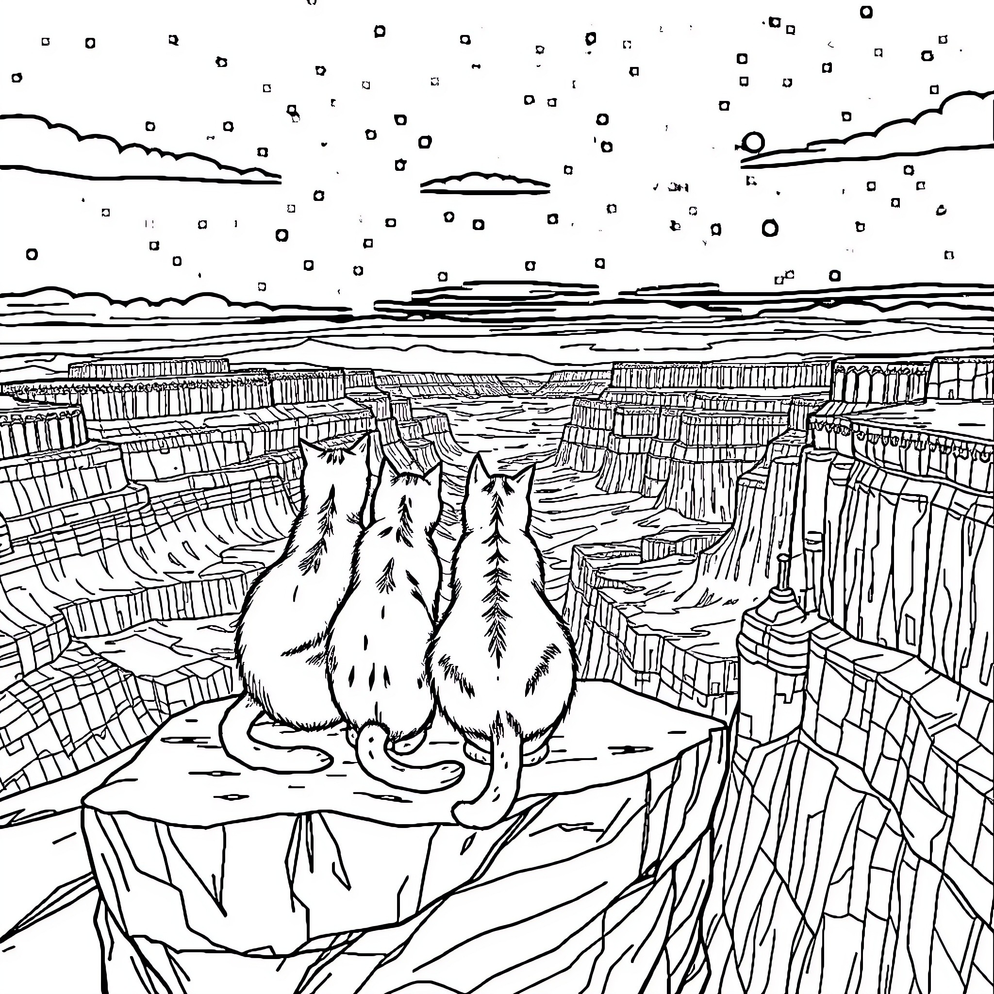 Cats Contemplating the Vast Landscape Coloring Page (free black-and-white line drawing printable PDF for all, from beginners to advanced learners, including children, teens, adults, and seniors)