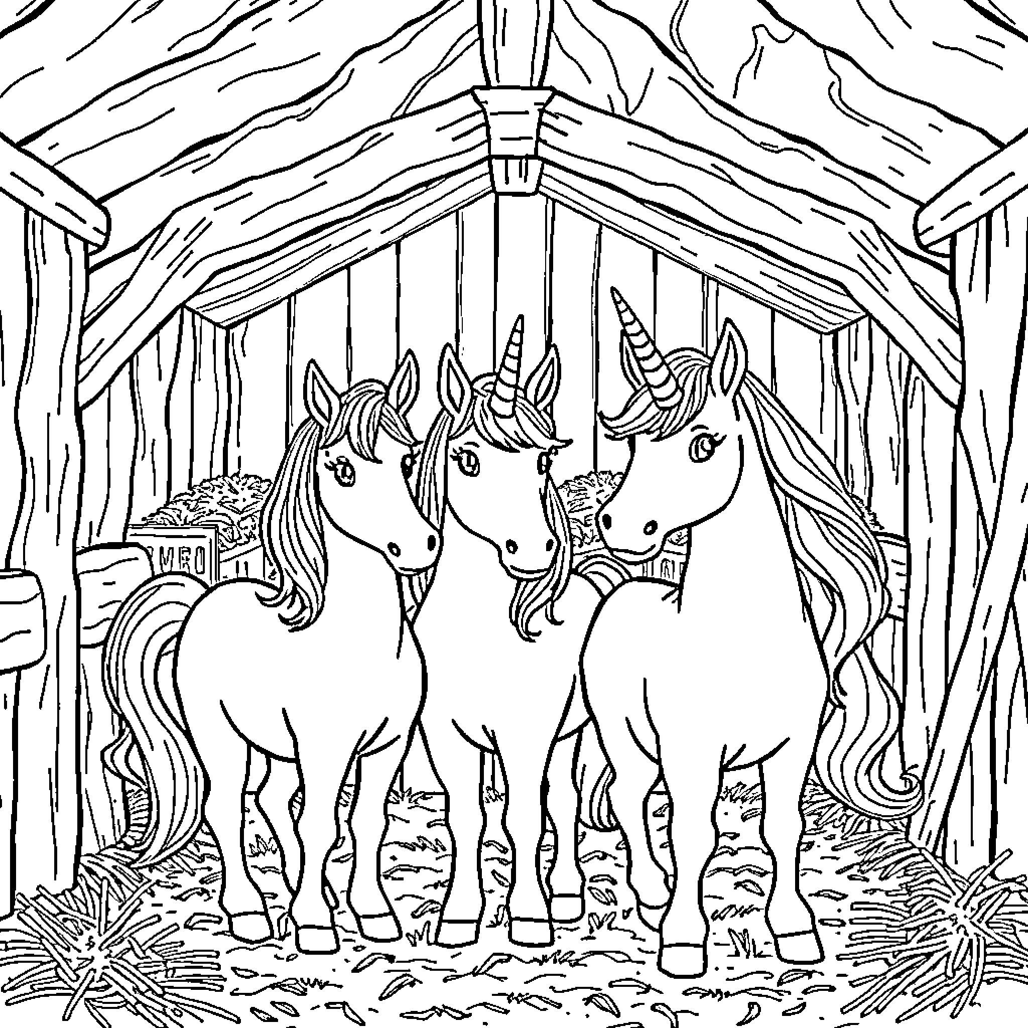 Unicorn trio in a magical forest Coloring Page (free black-and-white line drawing printable PDF for all, from beginners to advanced learners, including children, teens, adults, and seniors)
