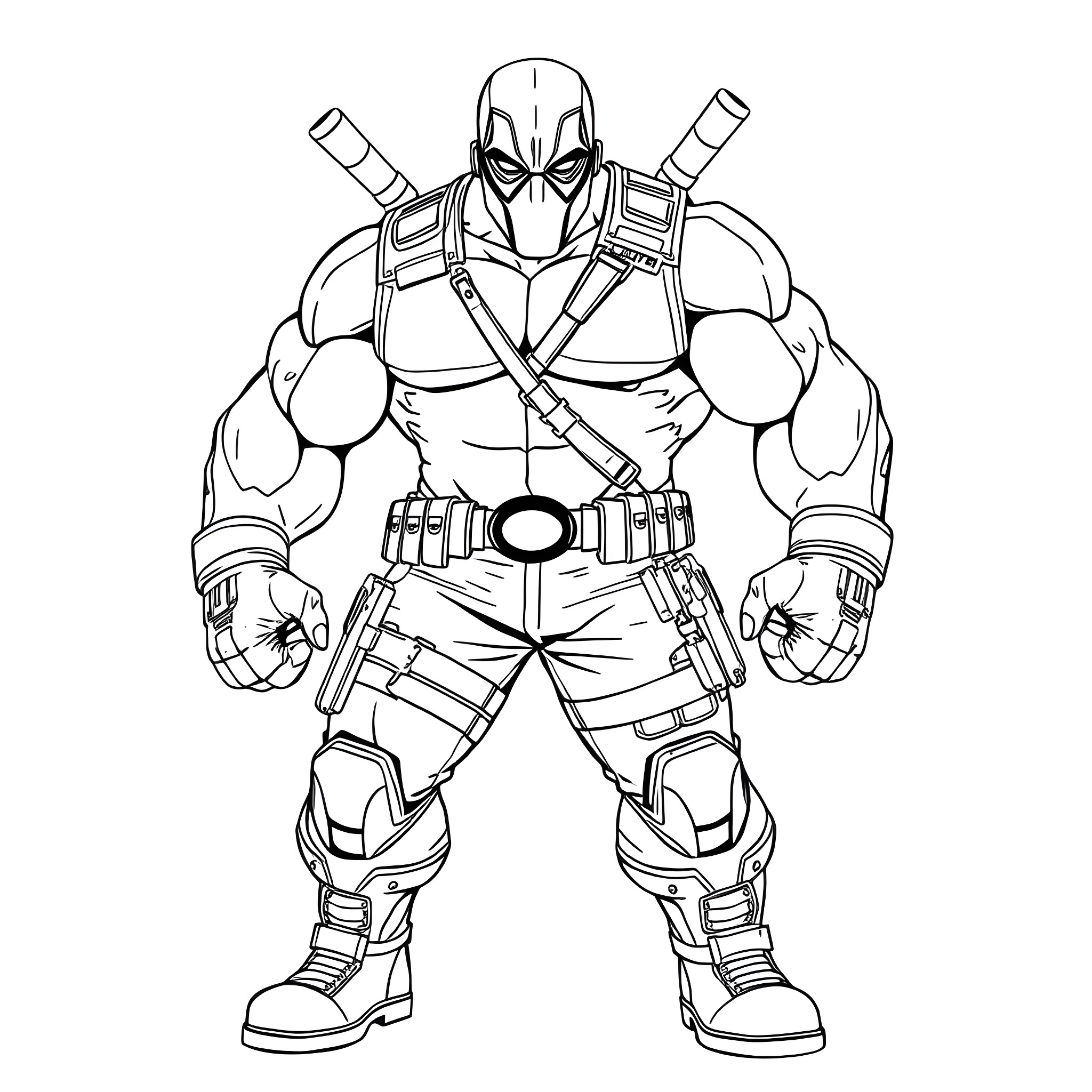 Hulk-inspired character in action pose with weapons Coloring Page (free black-and-white line drawing printable PDF for all, from beginners to advanced learners, including children, teens, adults, and seniors)