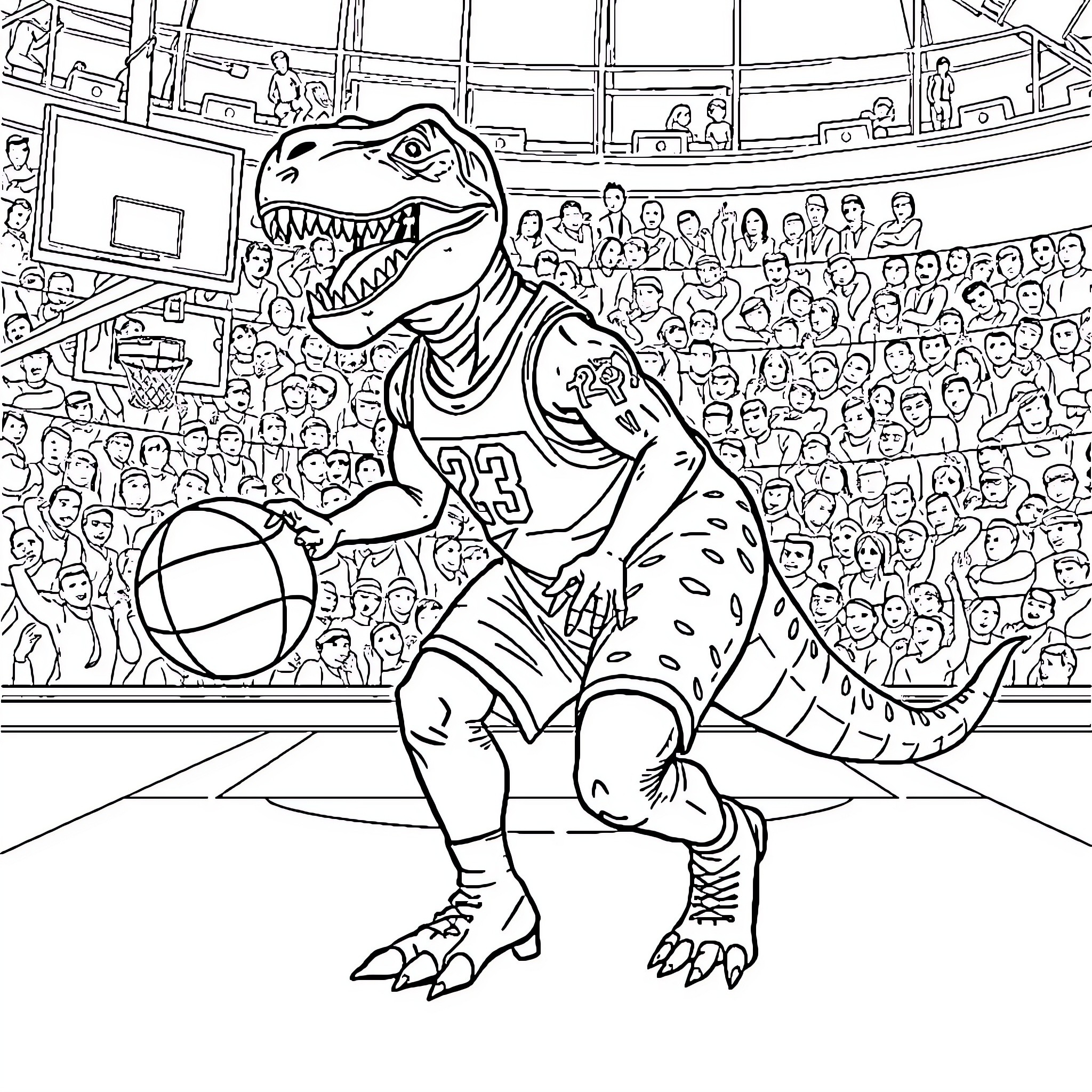 LeBron James dribbles basketball in dinosaur costume on court Coloring Page (free black-and-white line drawing printable PDF for all, from beginners to advanced learners, including children, teens, adults, and seniors)