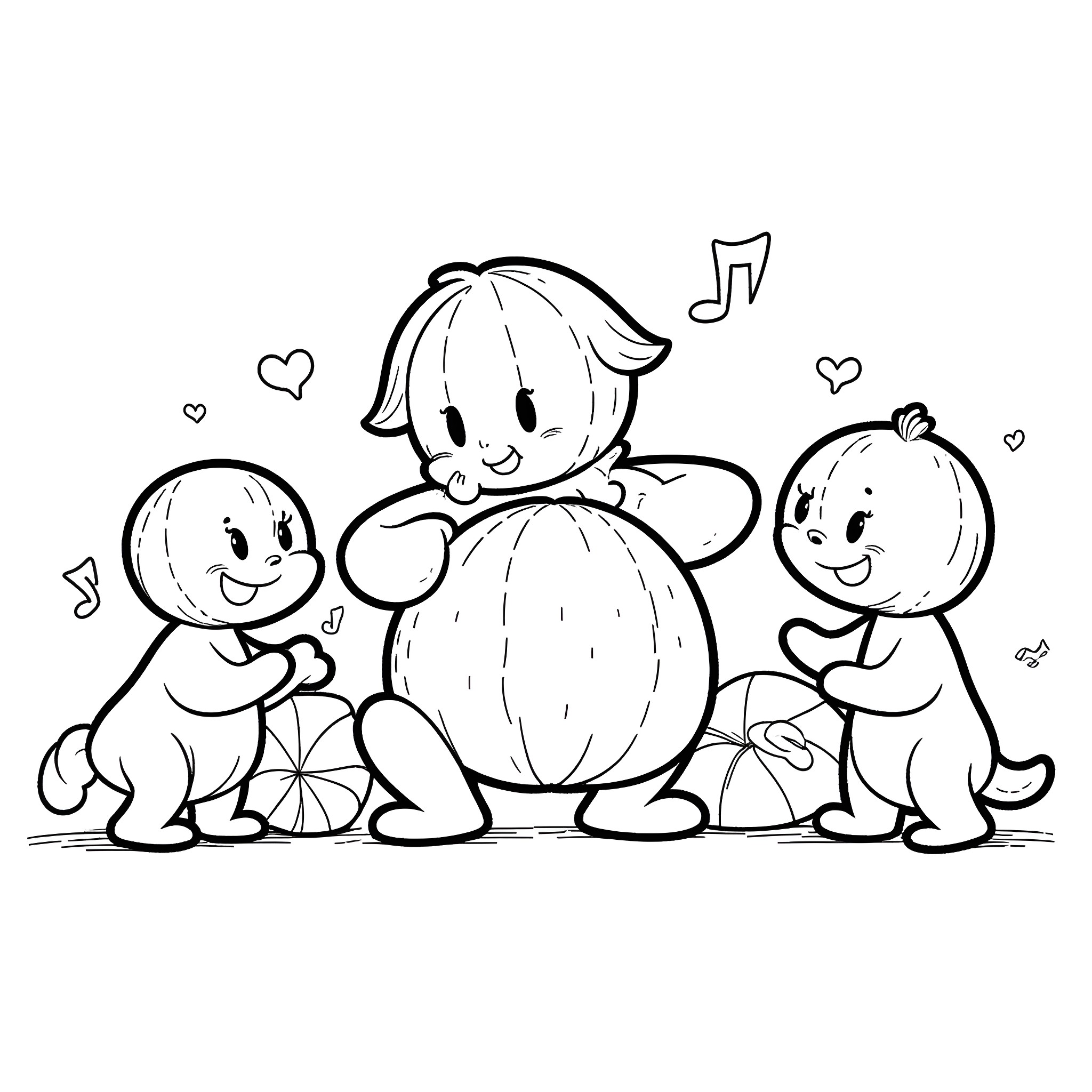 Cocomelon friends playing and singing happily together Coloring Page (free black-and-white line drawing printable PDF for all, from beginners to advanced learners, including children, teens, adults, and seniors)