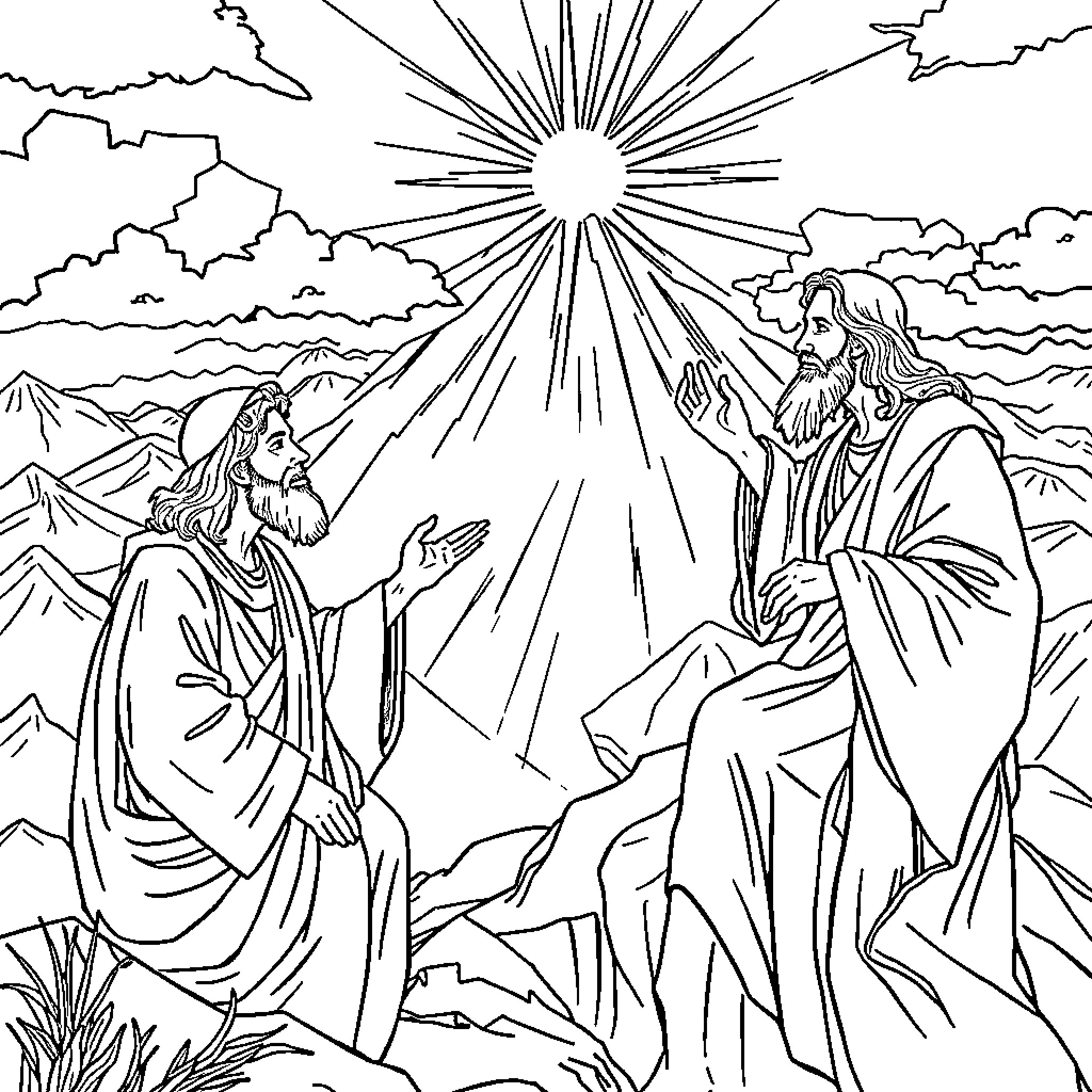 Transfiguration of Jesus on the mountain Coloring Page (free black-and-white line drawing printable PDF for all, from beginners to advanced learners, including children, teens, adults, and seniors)