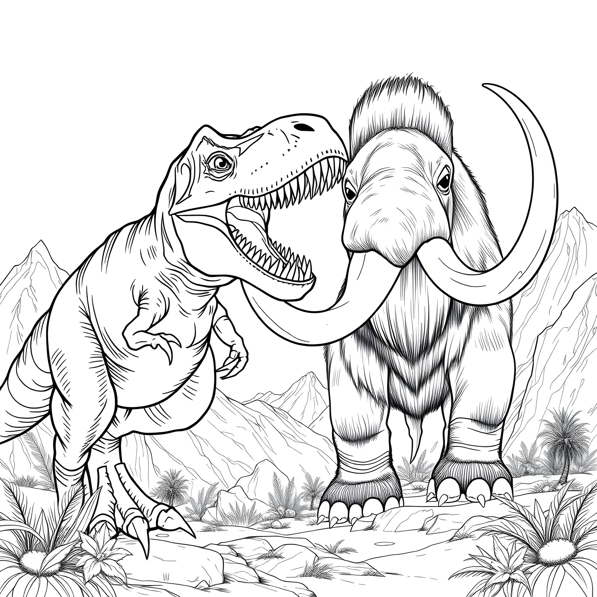 T-Rex and Woolly Mammoth encounter in prehistoric landscape Coloring Page (free black-and-white line drawing printable PDF for all, from beginners to advanced learners, including children, teens, adults, and seniors)