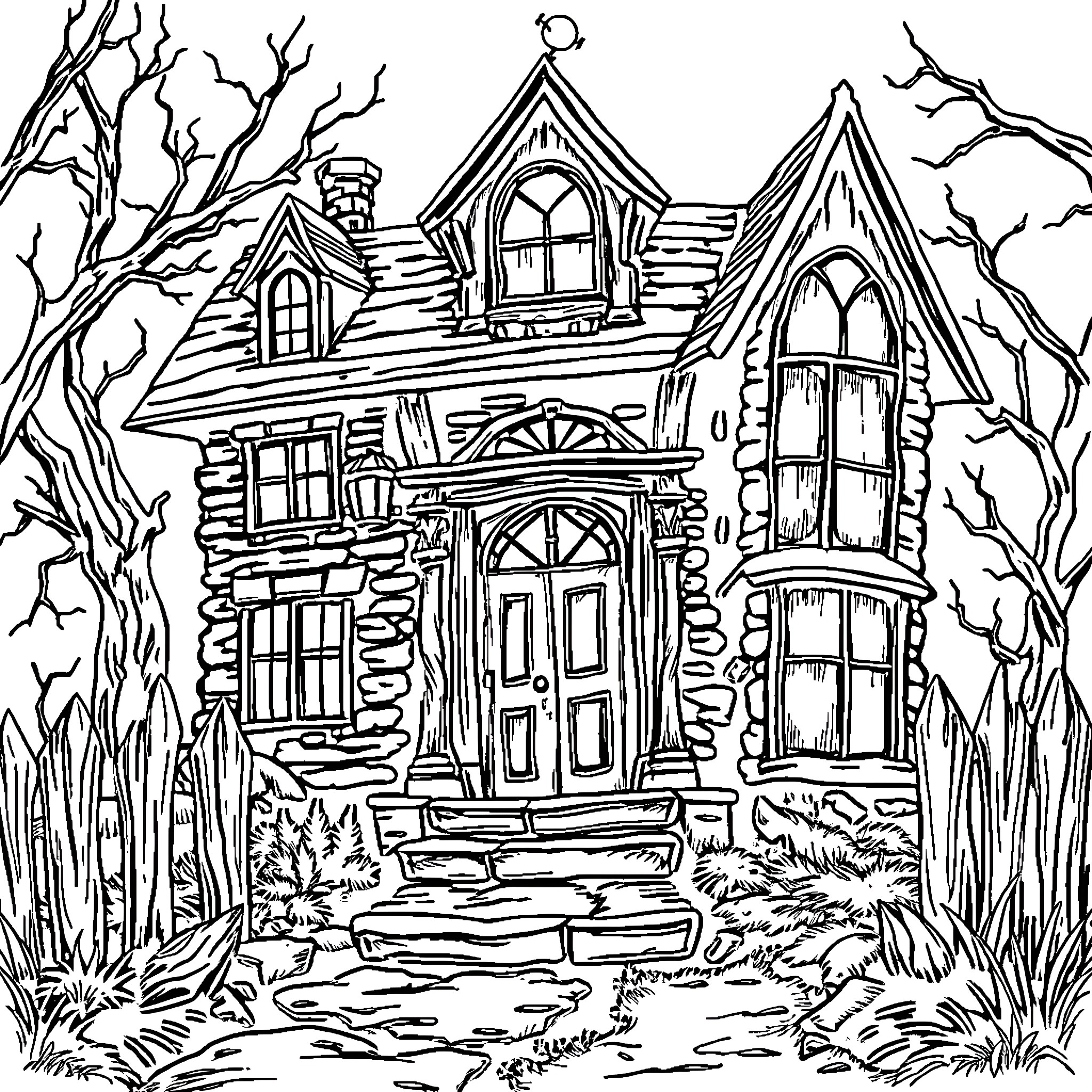 Haunted House in a Spooky Forest Coloring Page (free black-and-white line drawing printable PDF for all, from beginners to advanced learners, including children, teens, adults, and seniors)