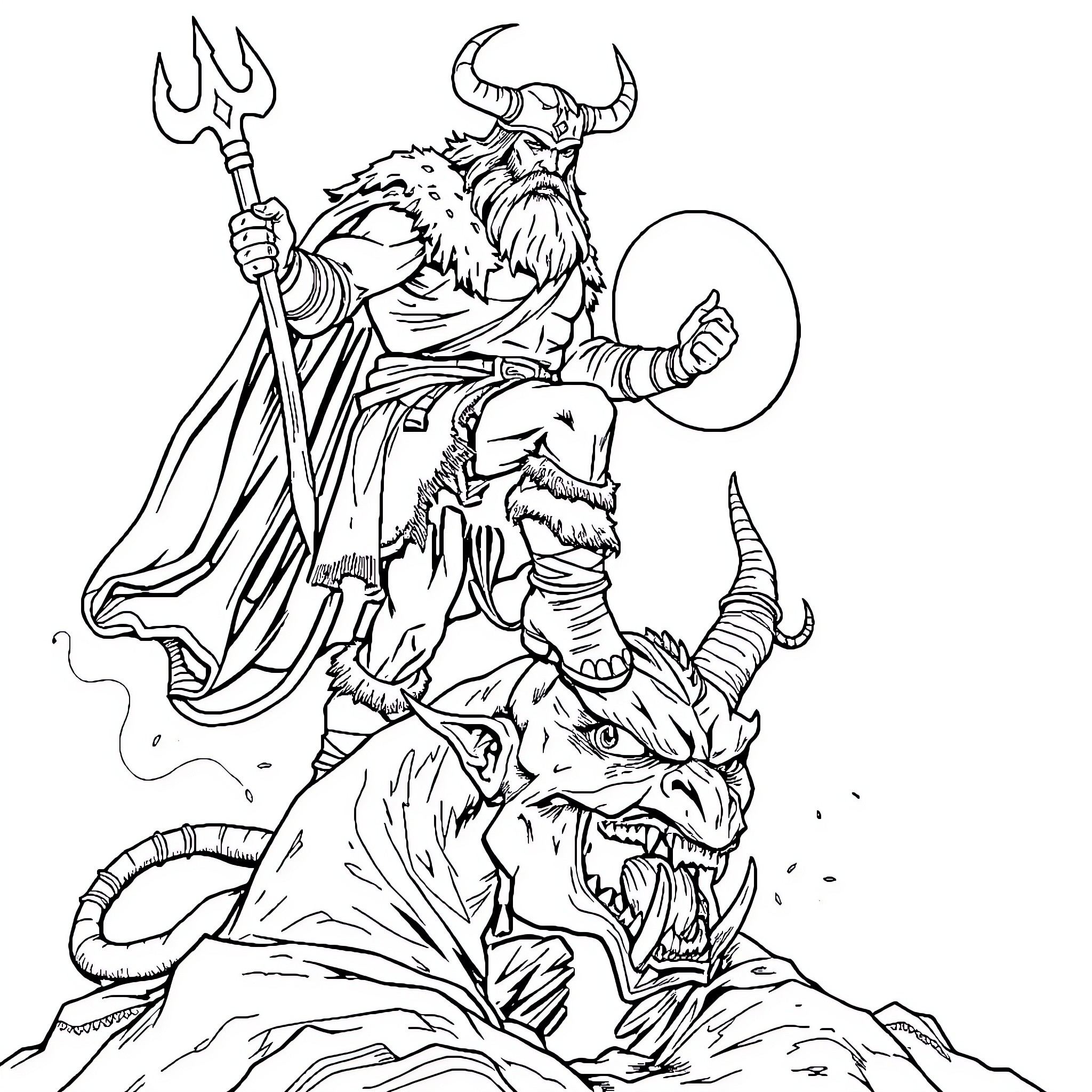 Viking Warrior Commanding a Fearsome Creature Coloring Page (free black-and-white line drawing printable PDF for all, from beginners to advanced learners, including children, teens, adults, and seniors)