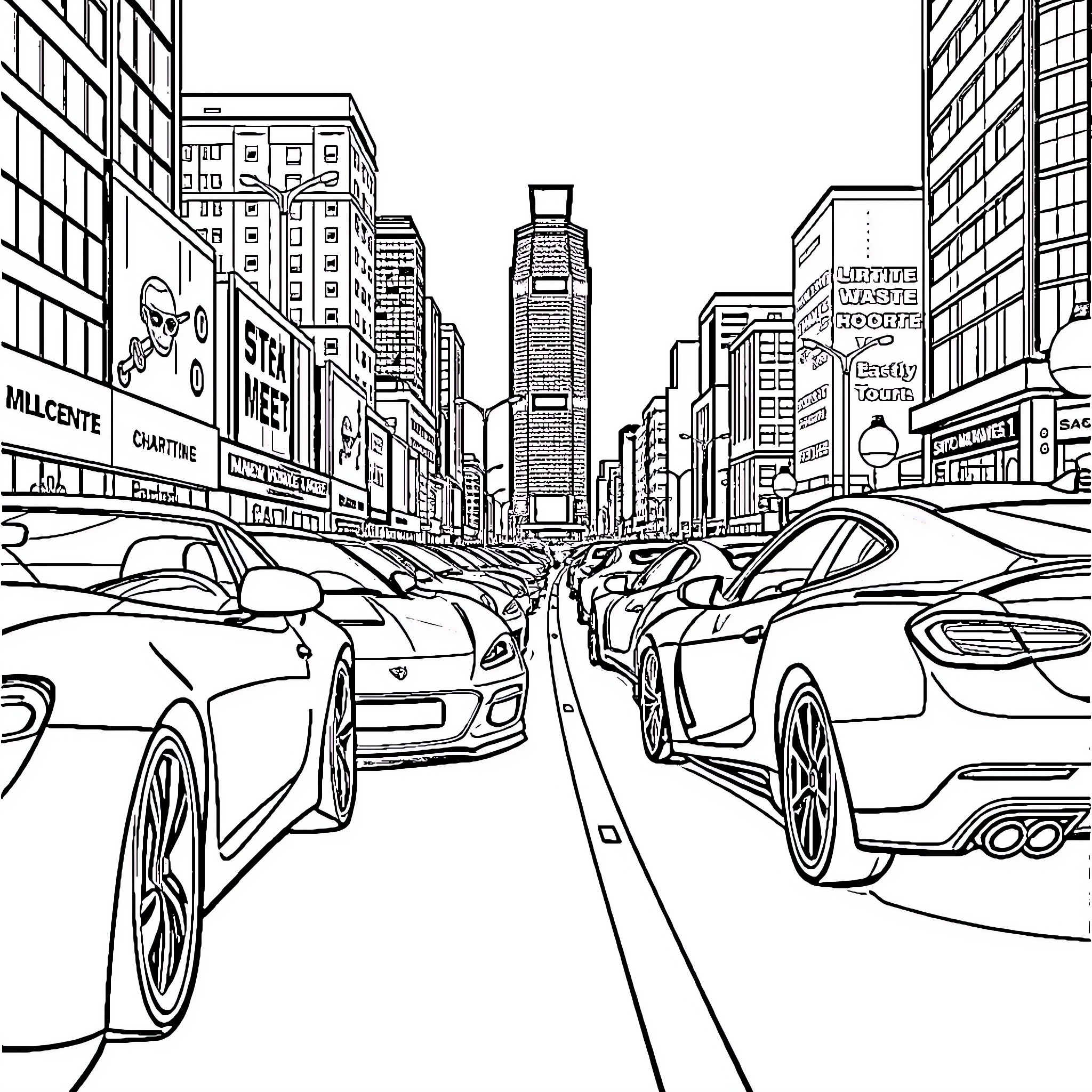 Car traffic on busy city streets with skyscrapers Coloring Page (free black-and-white line drawing printable PDF for all, from beginners to advanced learners, including children, teens, adults, and seniors)