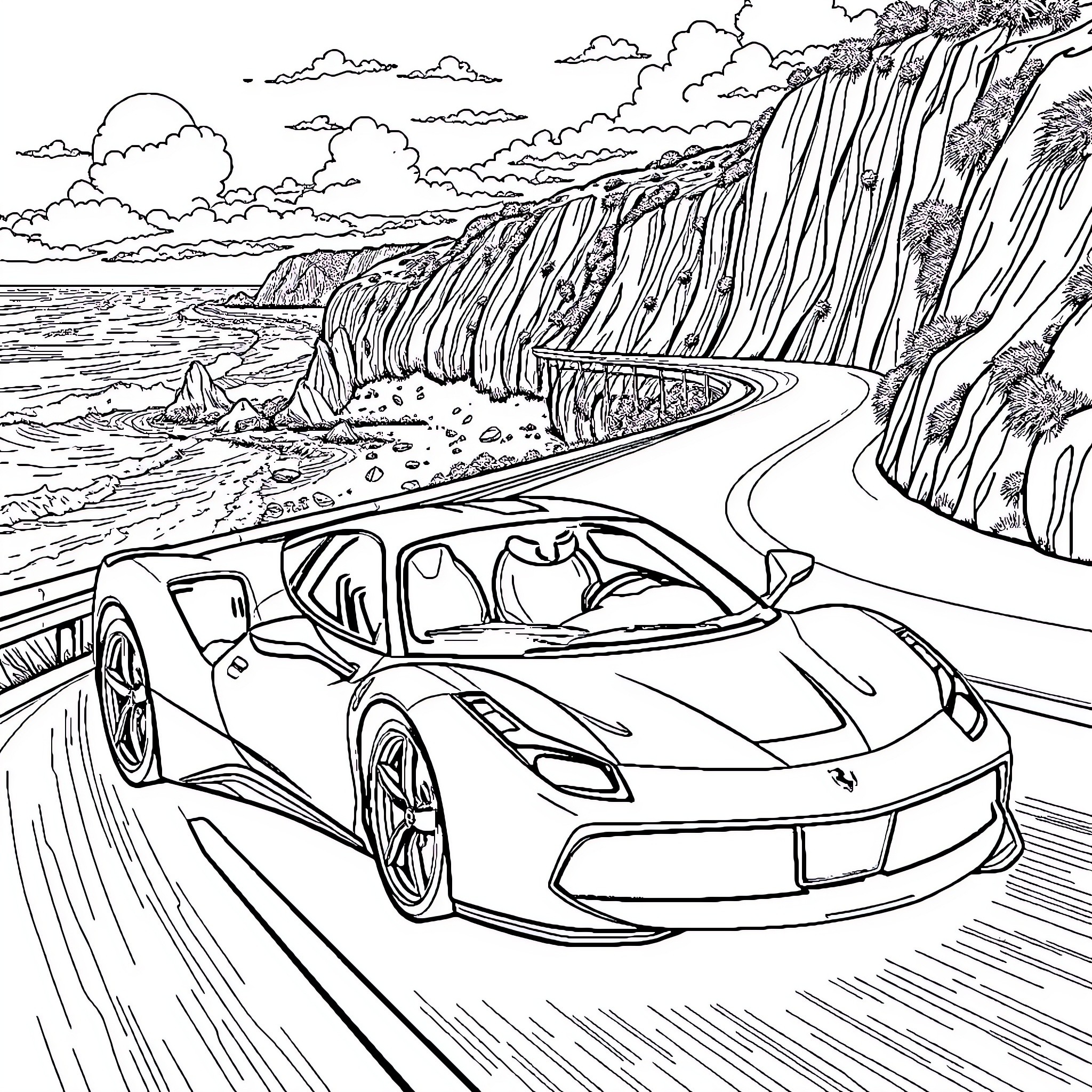 Ferrari driving along scenic coastal road Coloring Page (free black-and-white line drawing printable PDF for all, from beginners to advanced learners, including children, teens, adults, and seniors)