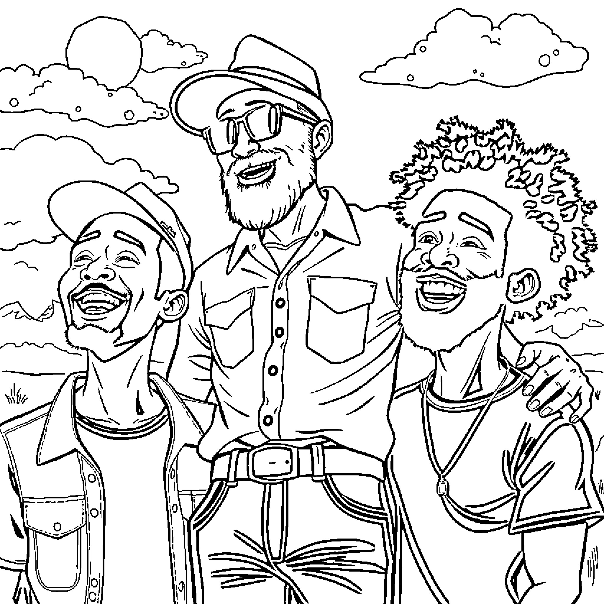 Men in casual attire enjoying an outdoor scene Coloring Page (free black-and-white line drawing printable PDF for all, from beginners to advanced learners, including children, teens, adults, and seniors)